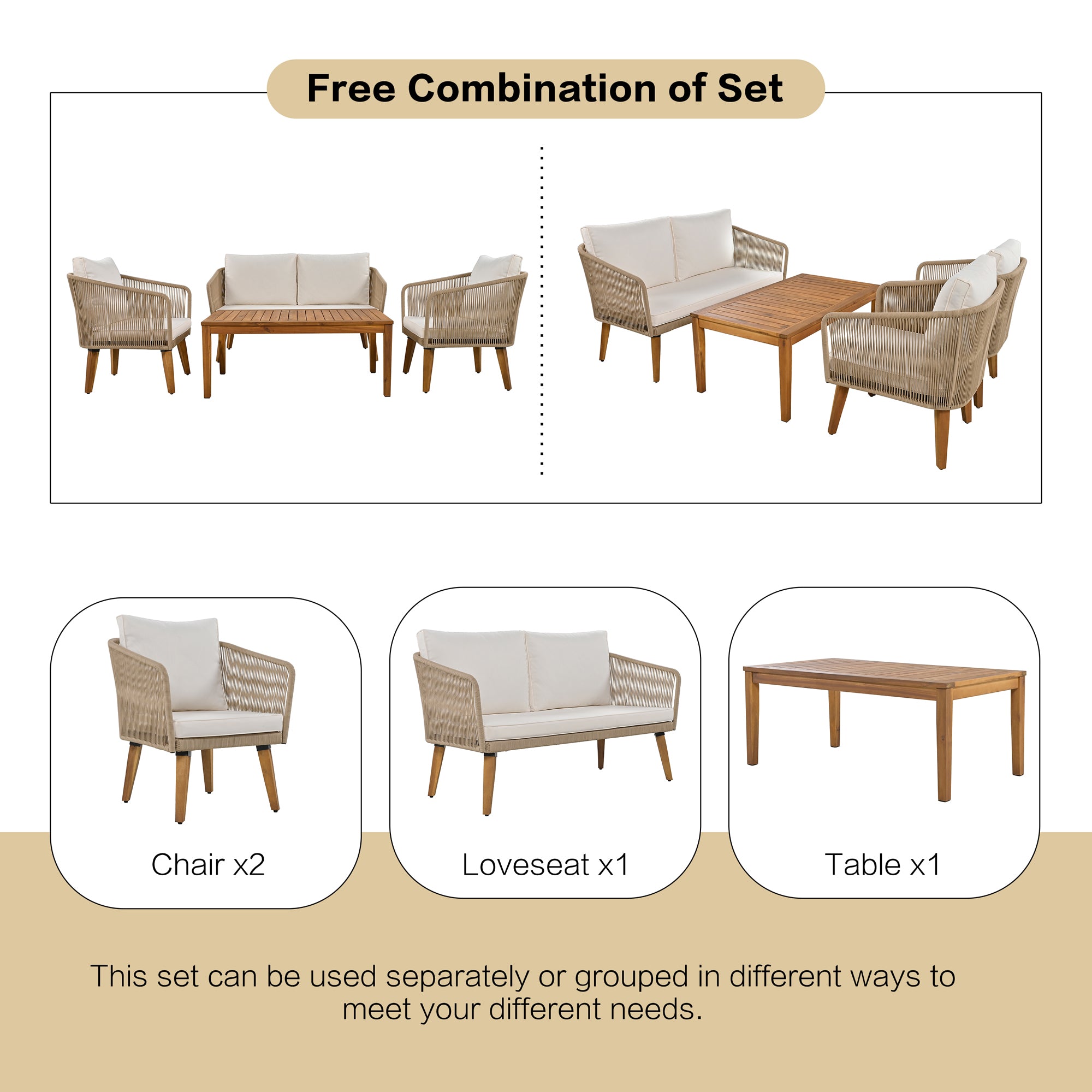 4-Piece Rope Outdoor Patio Conversation Set with and Solid Wood Table with Cushions