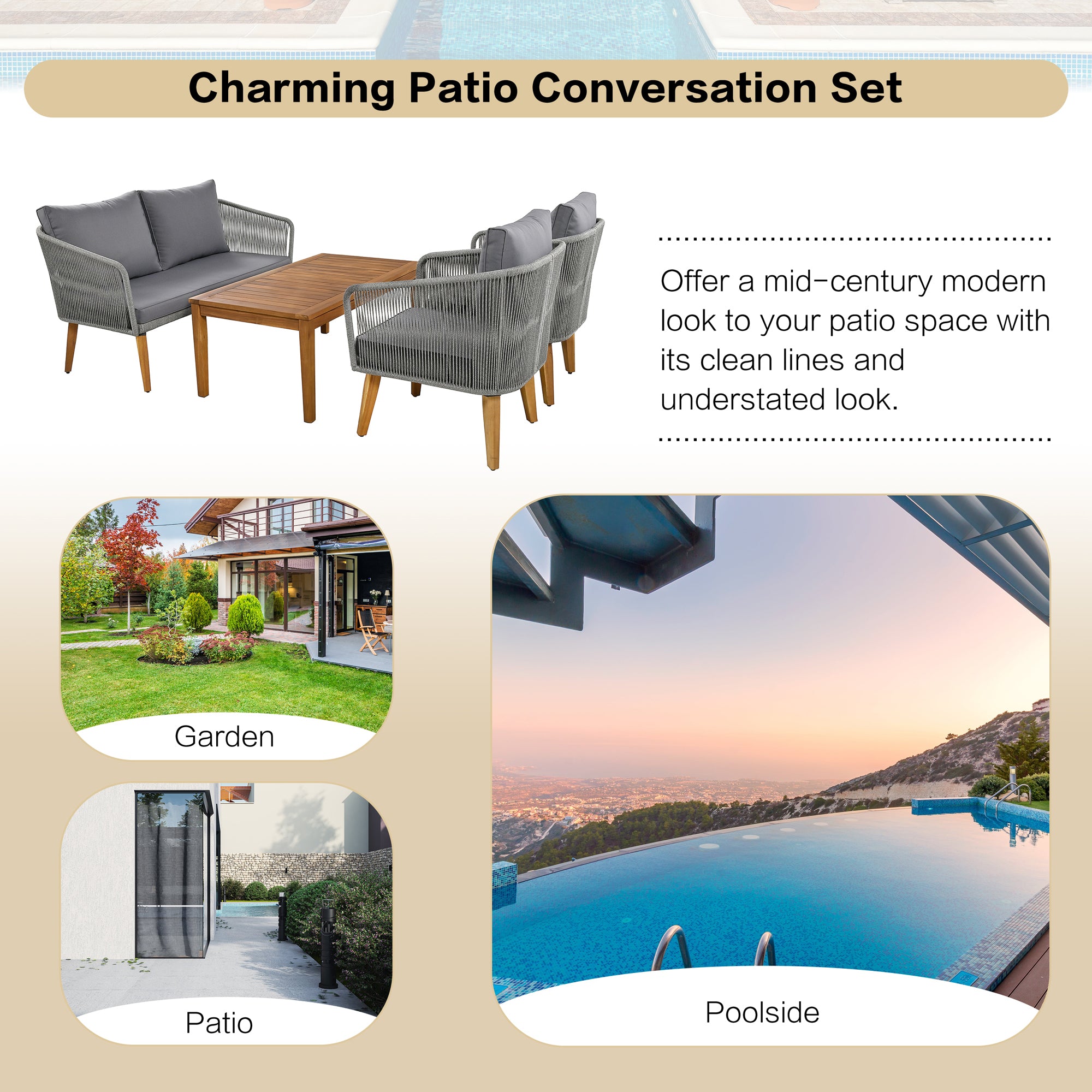 4-Piece Rope Outdoor Patio Conversation Set with and Solid Wood Table with Cushions