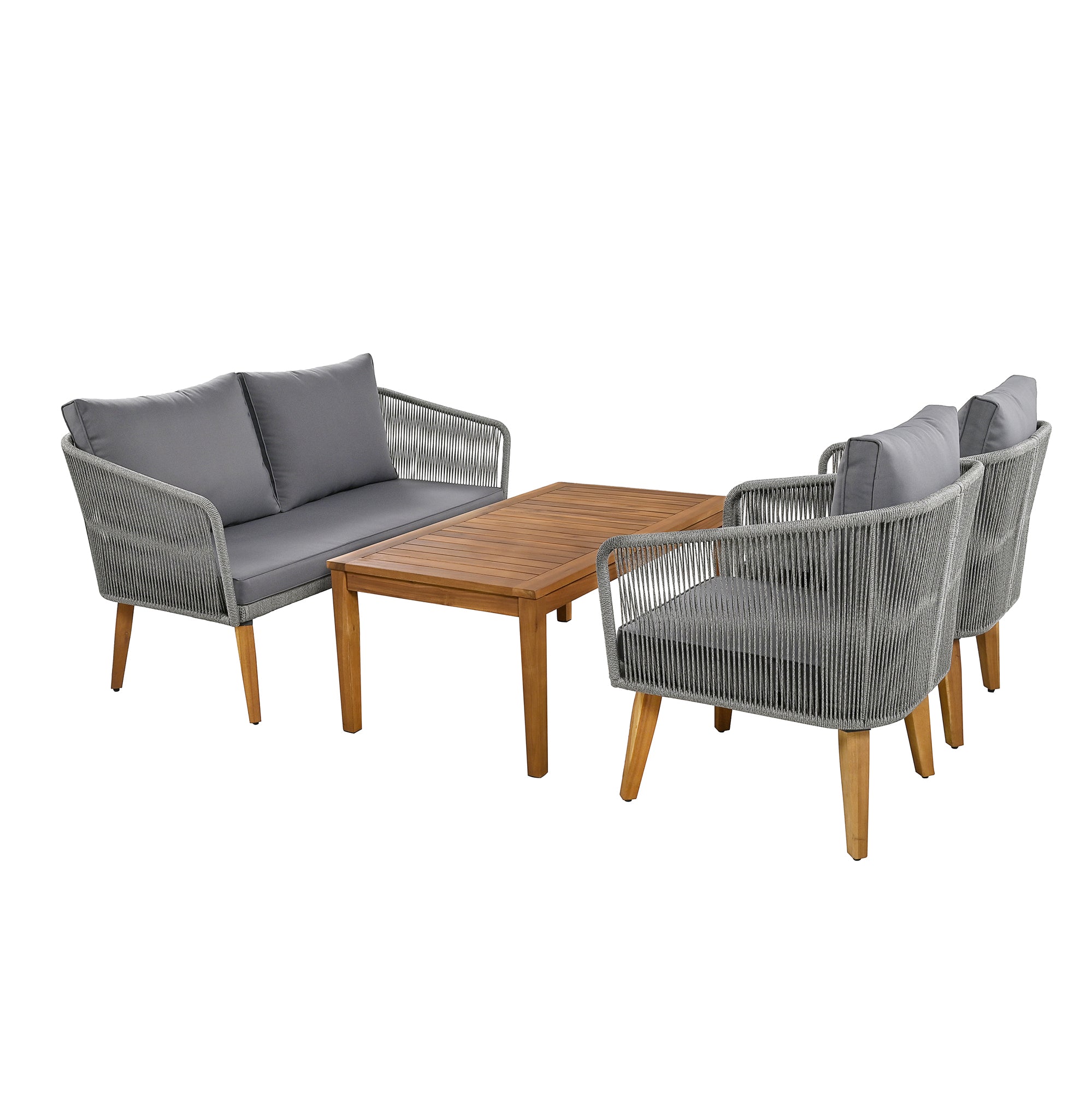 4-Piece Rope Outdoor Patio Conversation Set with and Solid Wood Table with Cushions
