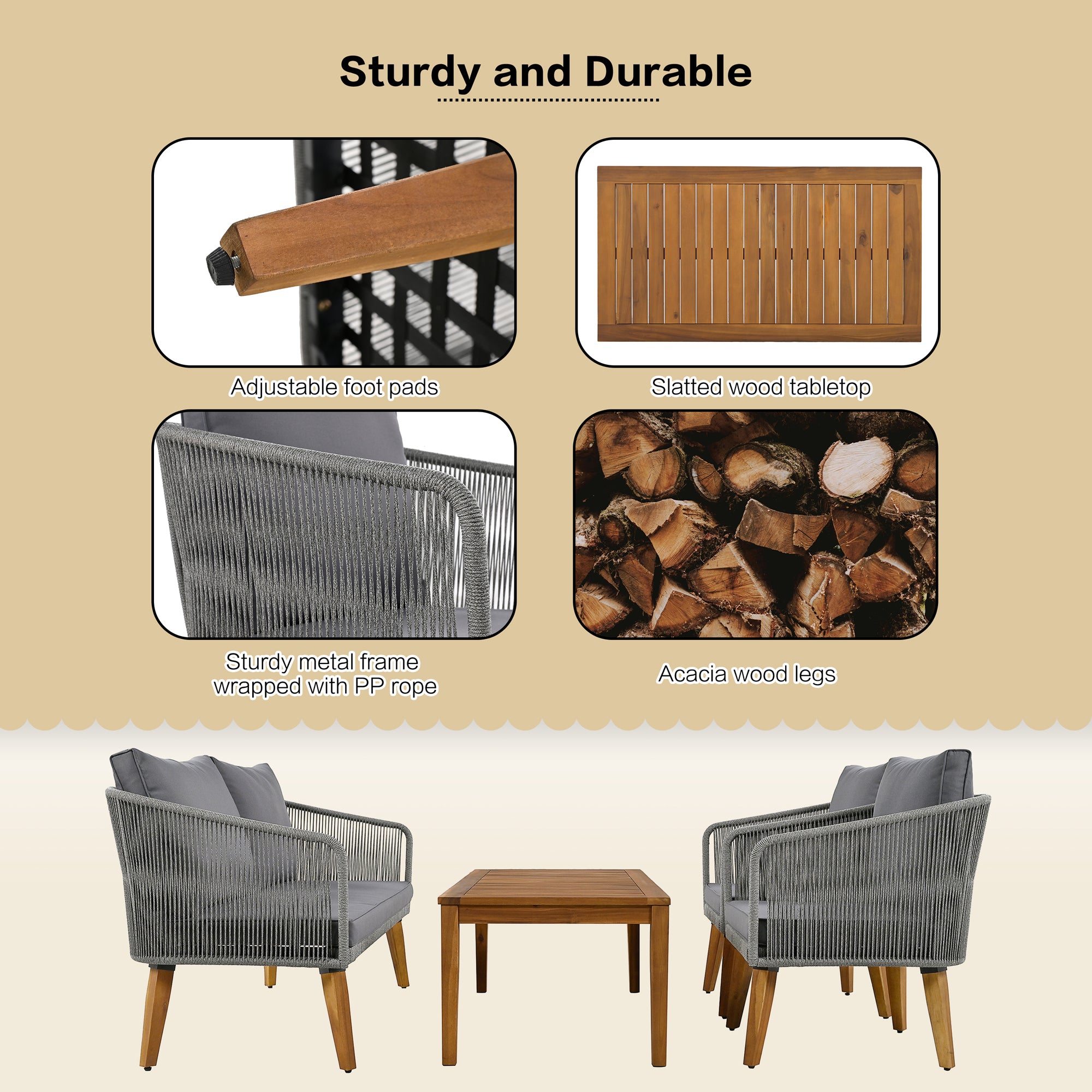 4-Piece Rope Outdoor Patio Conversation Set with and Solid Wood Table with Cushions