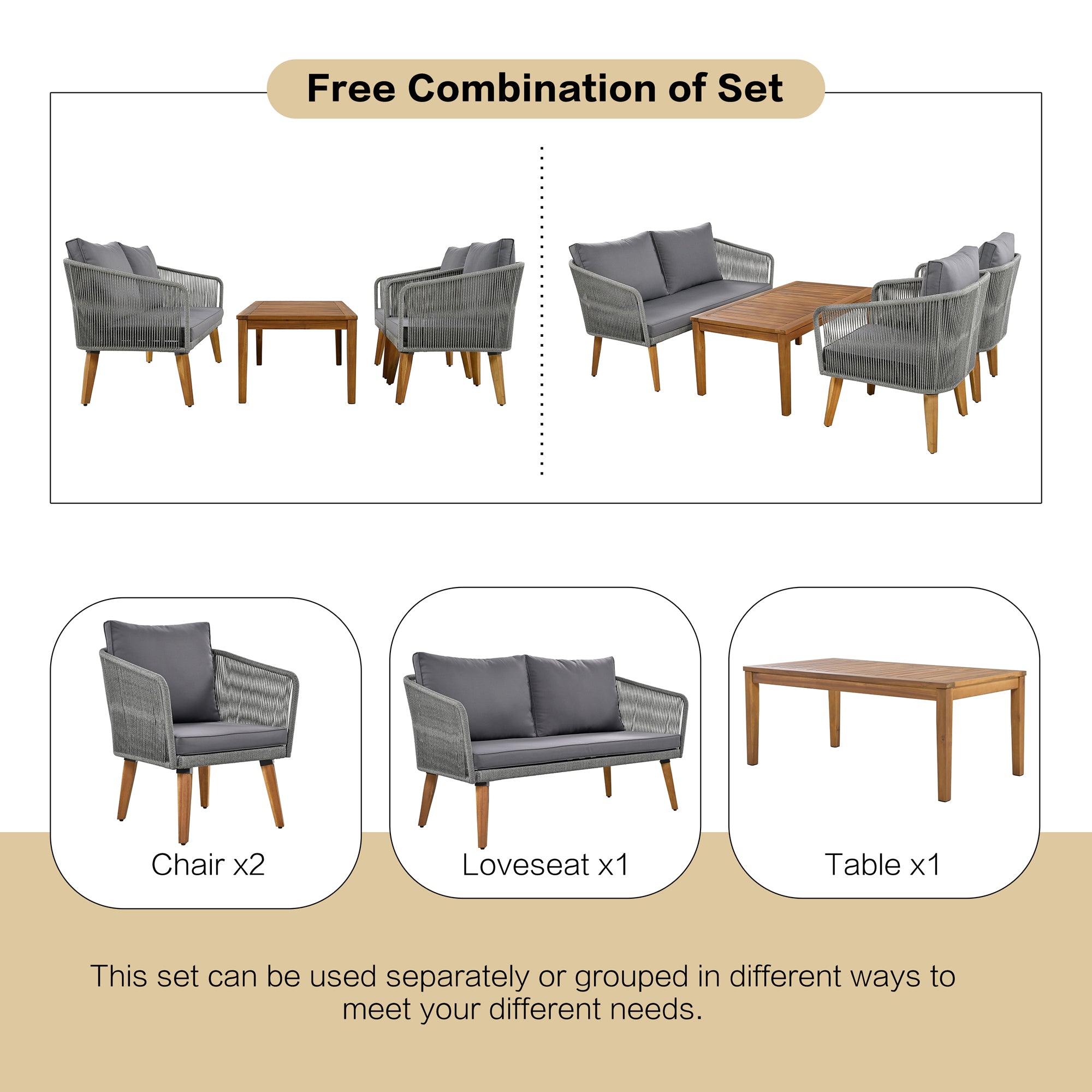 4-Piece Rope Outdoor Patio Conversation Set with and Solid Wood Table with Cushions
