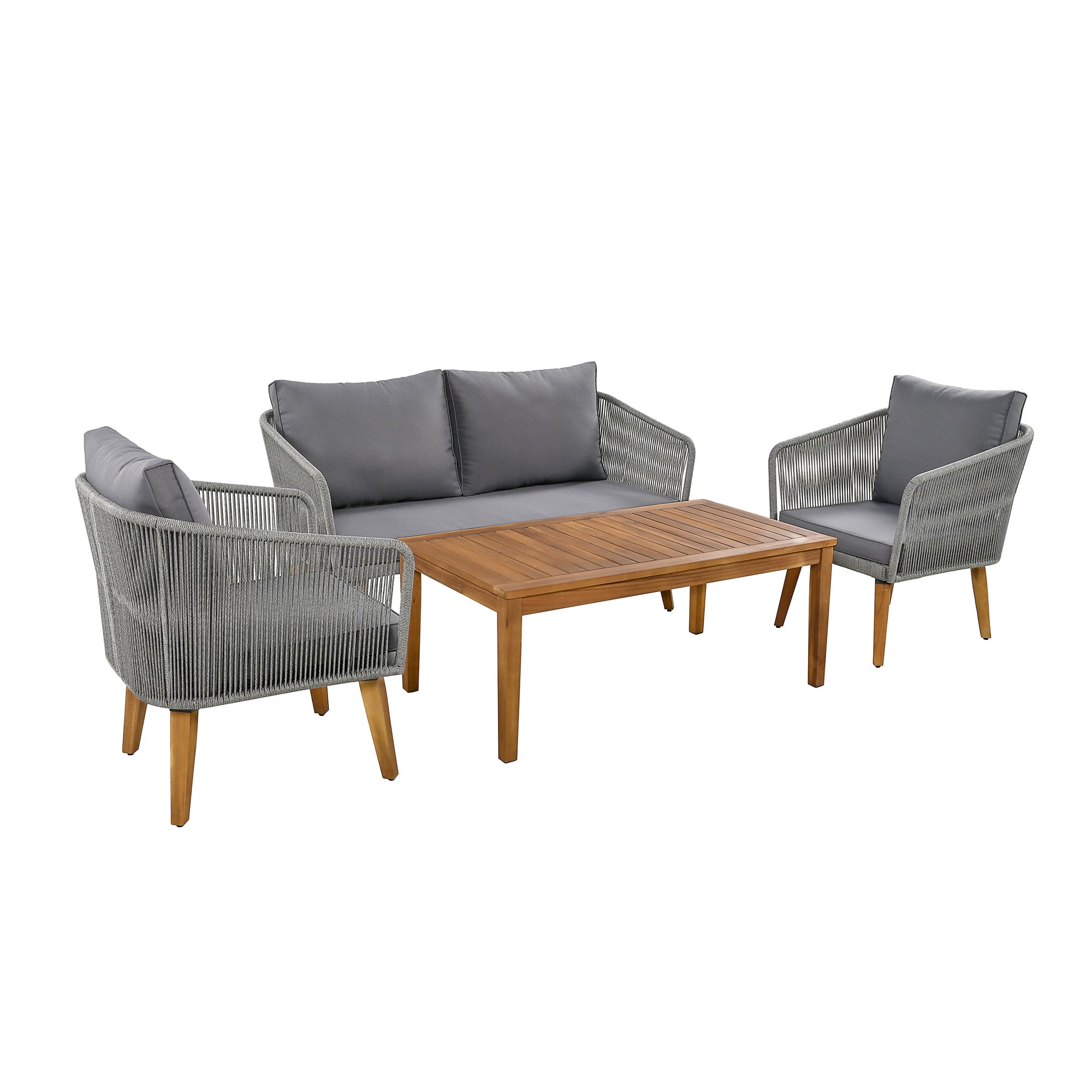 4-Piece Rope Outdoor Patio Conversation Set with and Solid Wood Table with Cushions