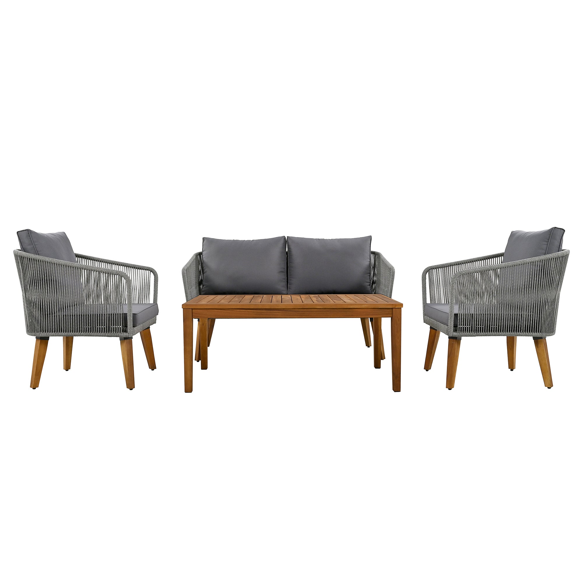4-Piece Rope Outdoor Patio Conversation Set with and Solid Wood Table with Cushions