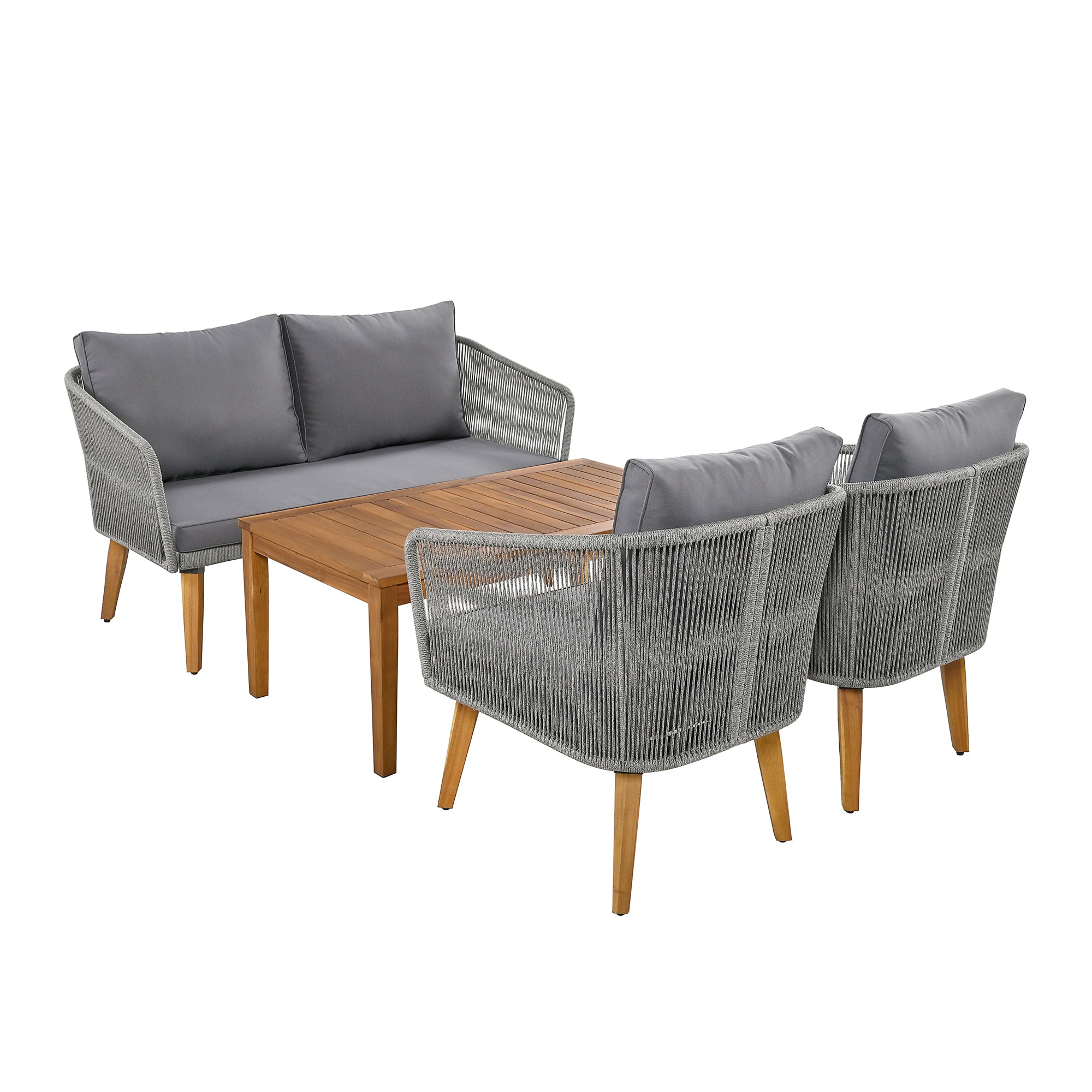 4-Piece Rope Outdoor Patio Conversation Set with and Solid Wood Table with Cushions