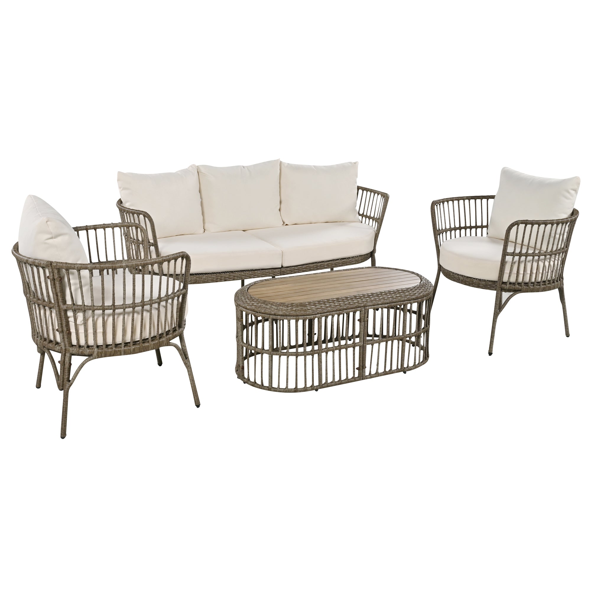 4-Piece Rattan Grey Outdoor Patio Conversation Set with Seating Set with Cushions