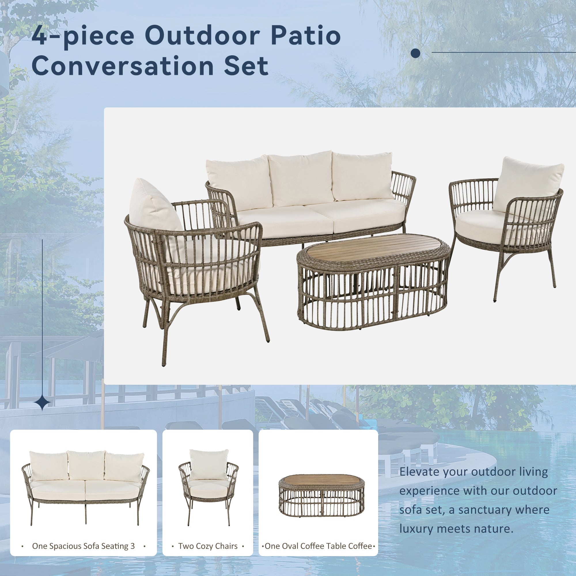 4-Piece Rattan Grey Outdoor Patio Conversation Set with Seating Set with Cushions