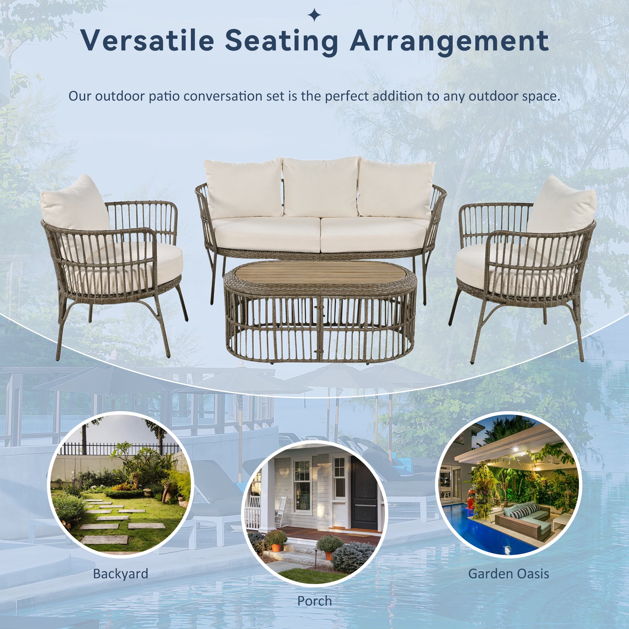 4-Piece Rattan Grey Outdoor Patio Conversation Set with Seating Set with Cushions