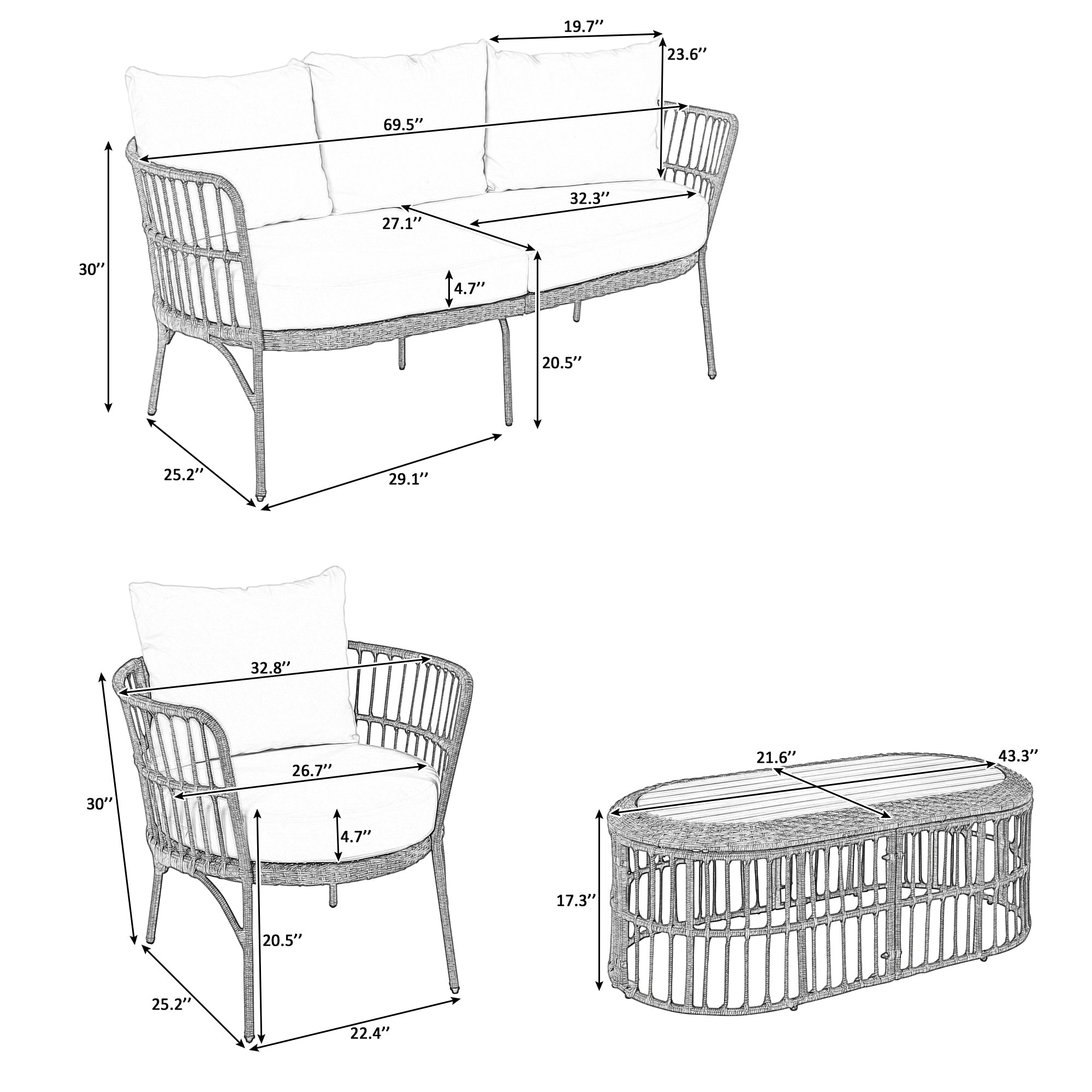 4-Piece Rattan Grey Outdoor Patio Conversation Set with Seating Set with Cushions