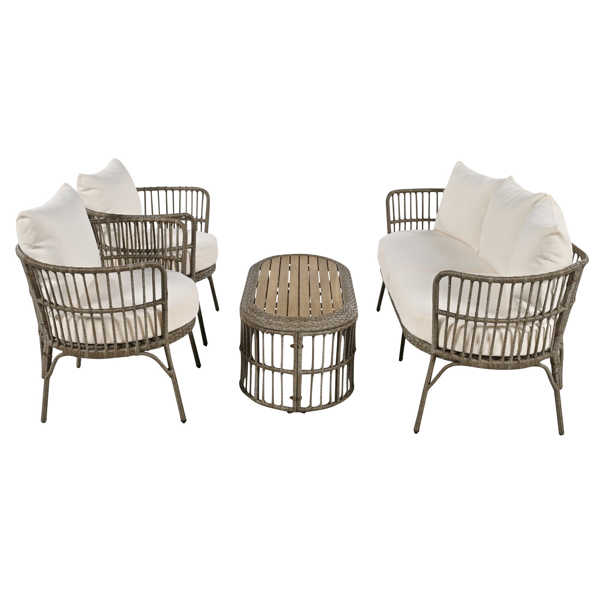 4-Piece Rattan Grey Outdoor Patio Conversation Set with Seating Set with Cushions