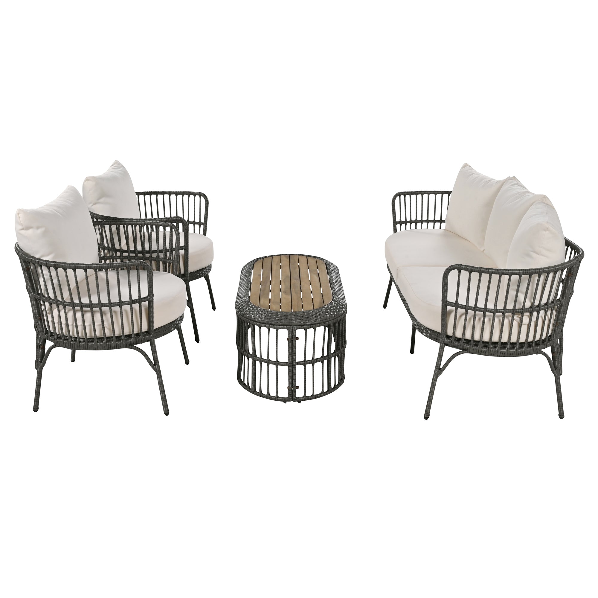 4-Piece Rattan Grey Outdoor Patio Conversation Set with Seating Set with Cushions