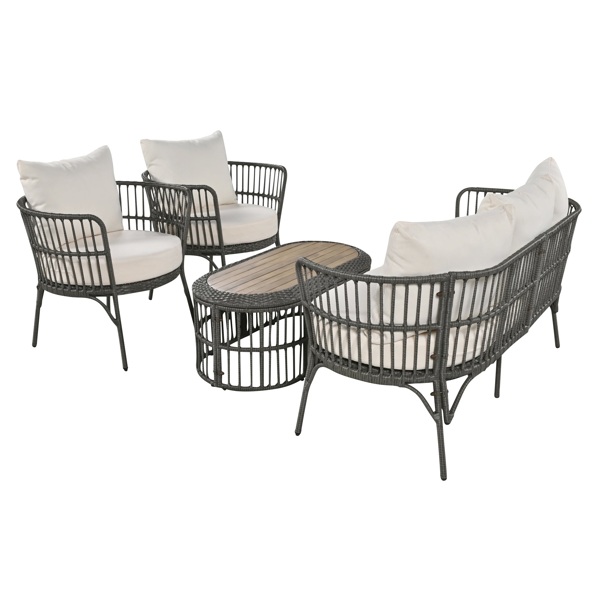 4-Piece Rattan Grey Outdoor Patio Conversation Set with Seating Set with Cushions