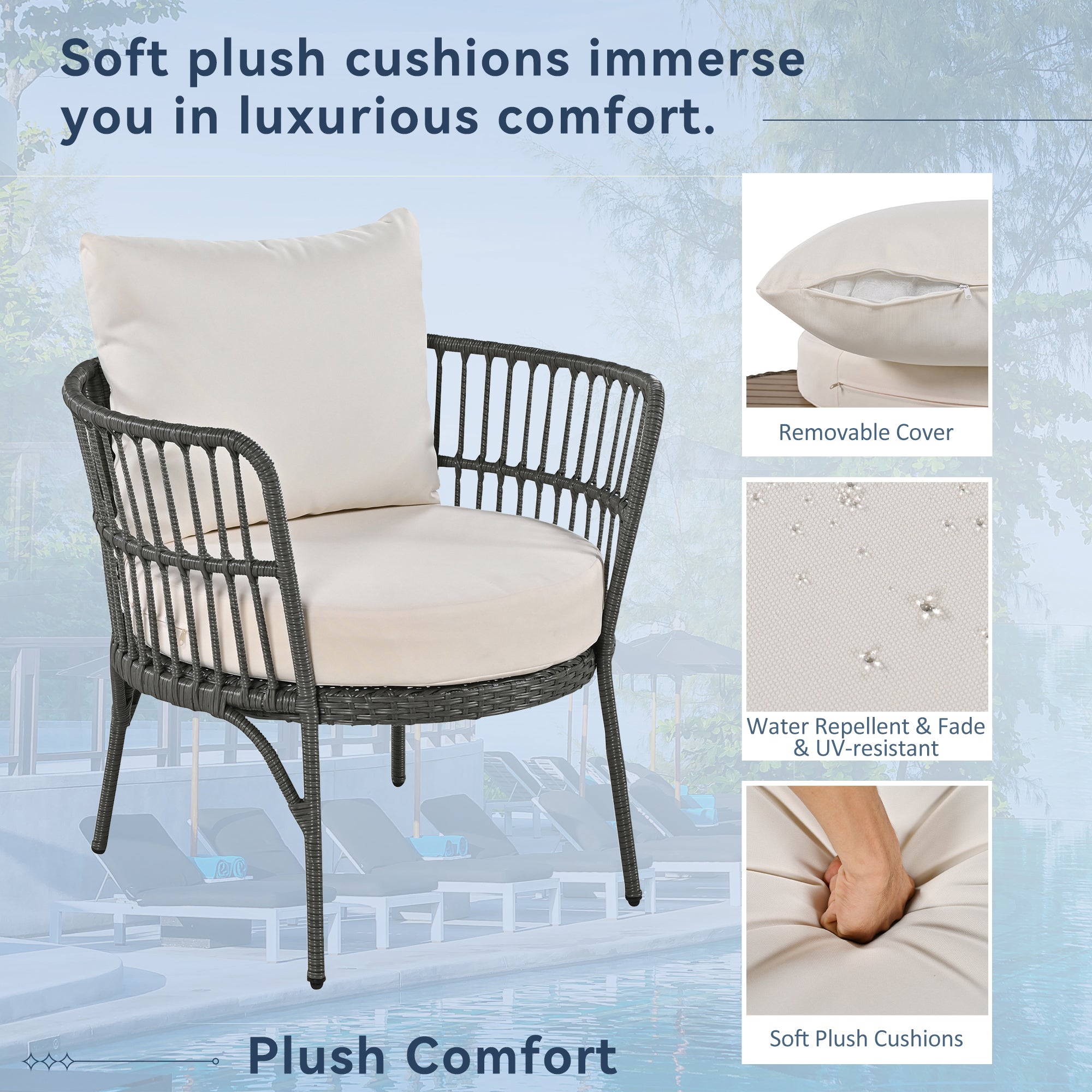 4-Piece Rattan Grey Outdoor Patio Conversation Set with Seating Set with Cushions