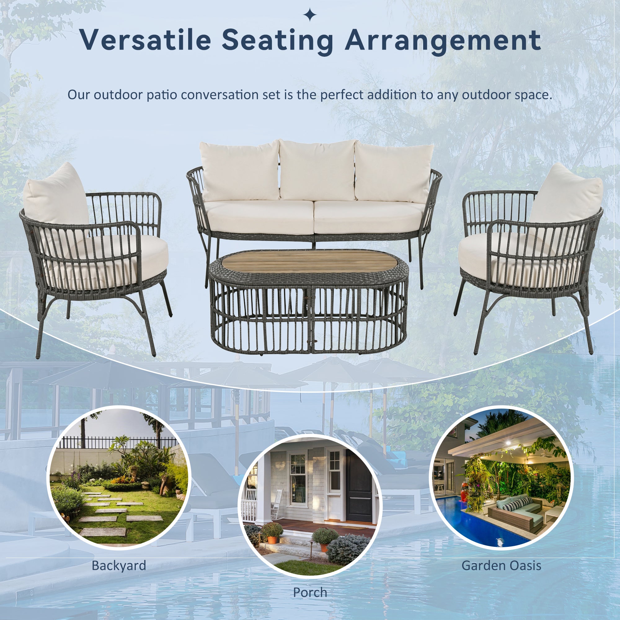 4-Piece Rattan Grey Outdoor Patio Conversation Set with Seating Set with Cushions