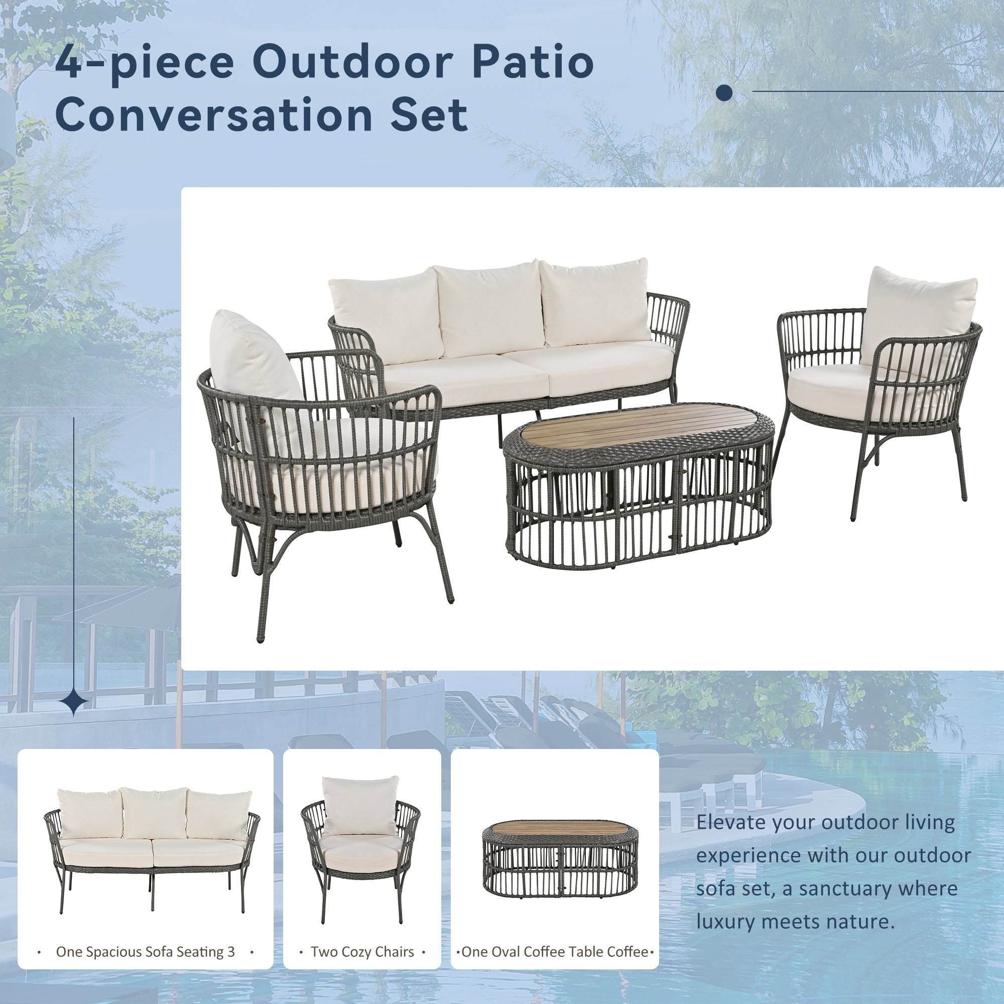 4-Piece Rattan Grey Outdoor Patio Conversation Set with Seating Set with Cushions