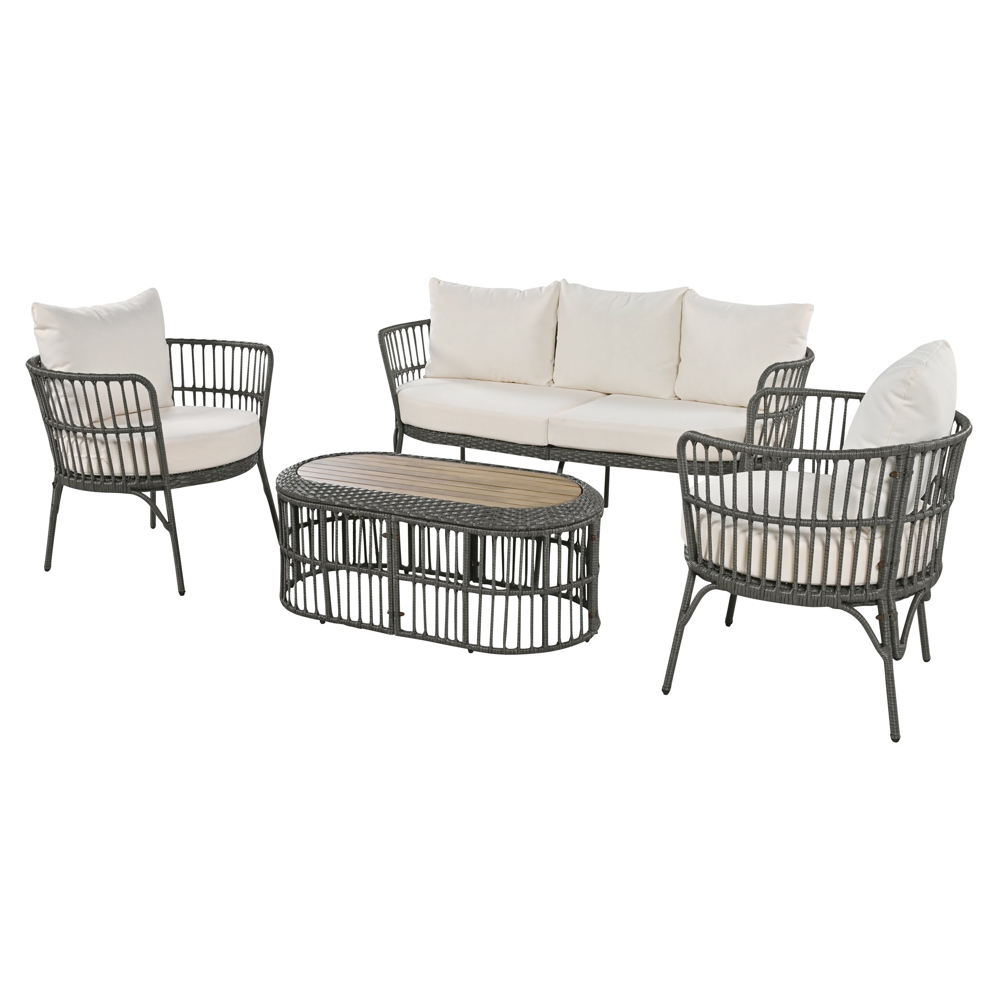 4-Piece Rattan Grey Outdoor Patio Conversation Set with Seating Set with Cushions