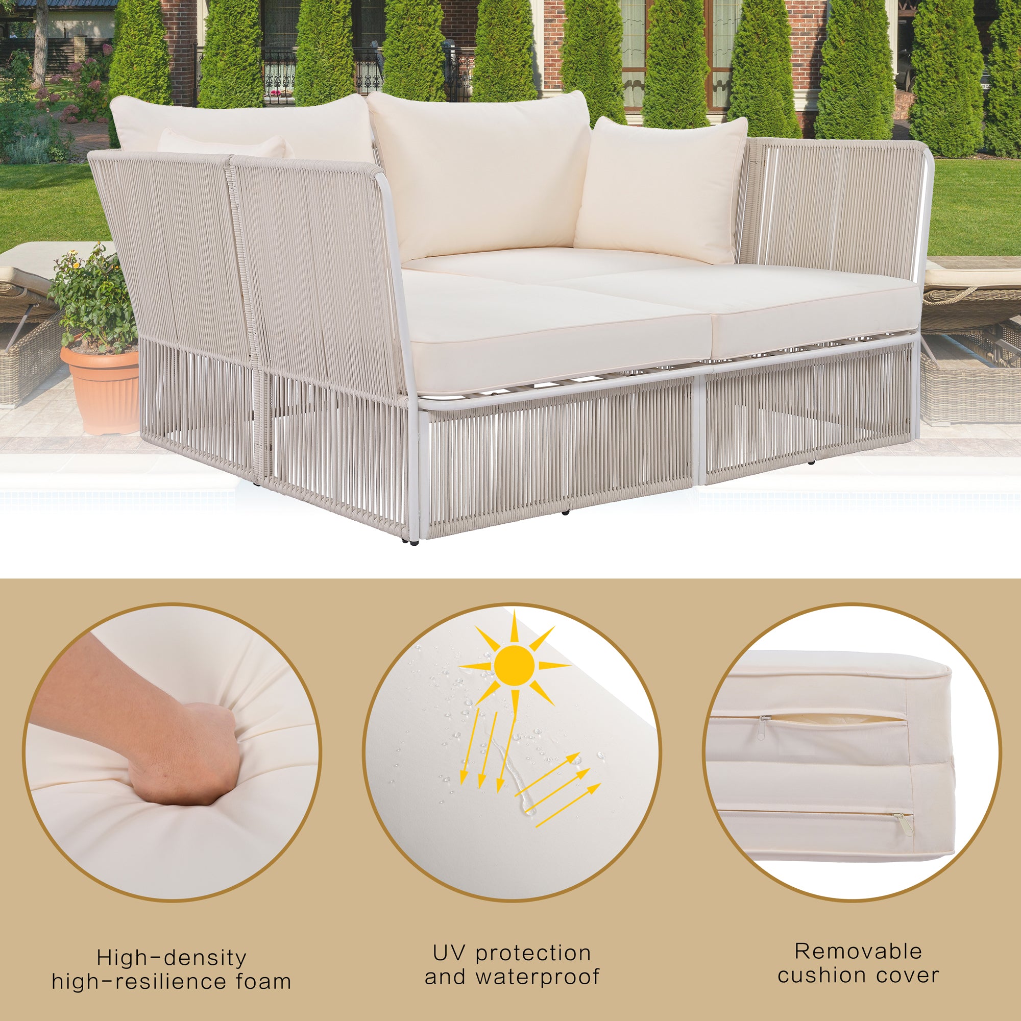 Woven Rope Metal Frame Outdoor Patio Double Chaise Lounger Loveseat Daybed with Coffee Table and Cushion