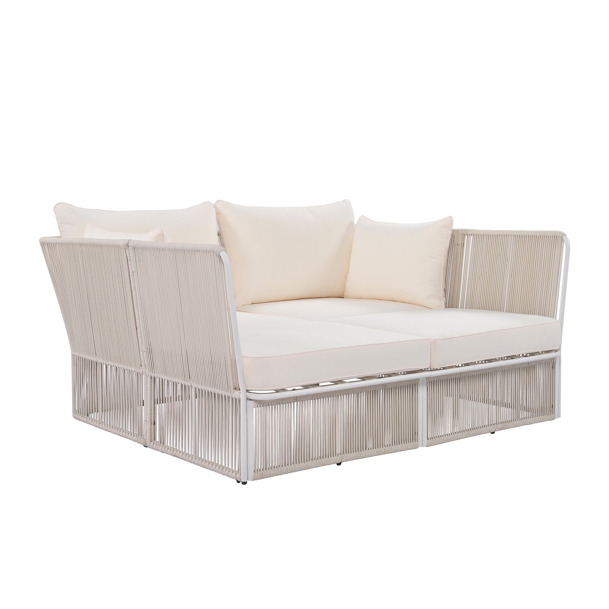 Woven Rope Metal Frame Outdoor Patio Double Chaise Lounger Loveseat Daybed with Coffee Table and Cushion