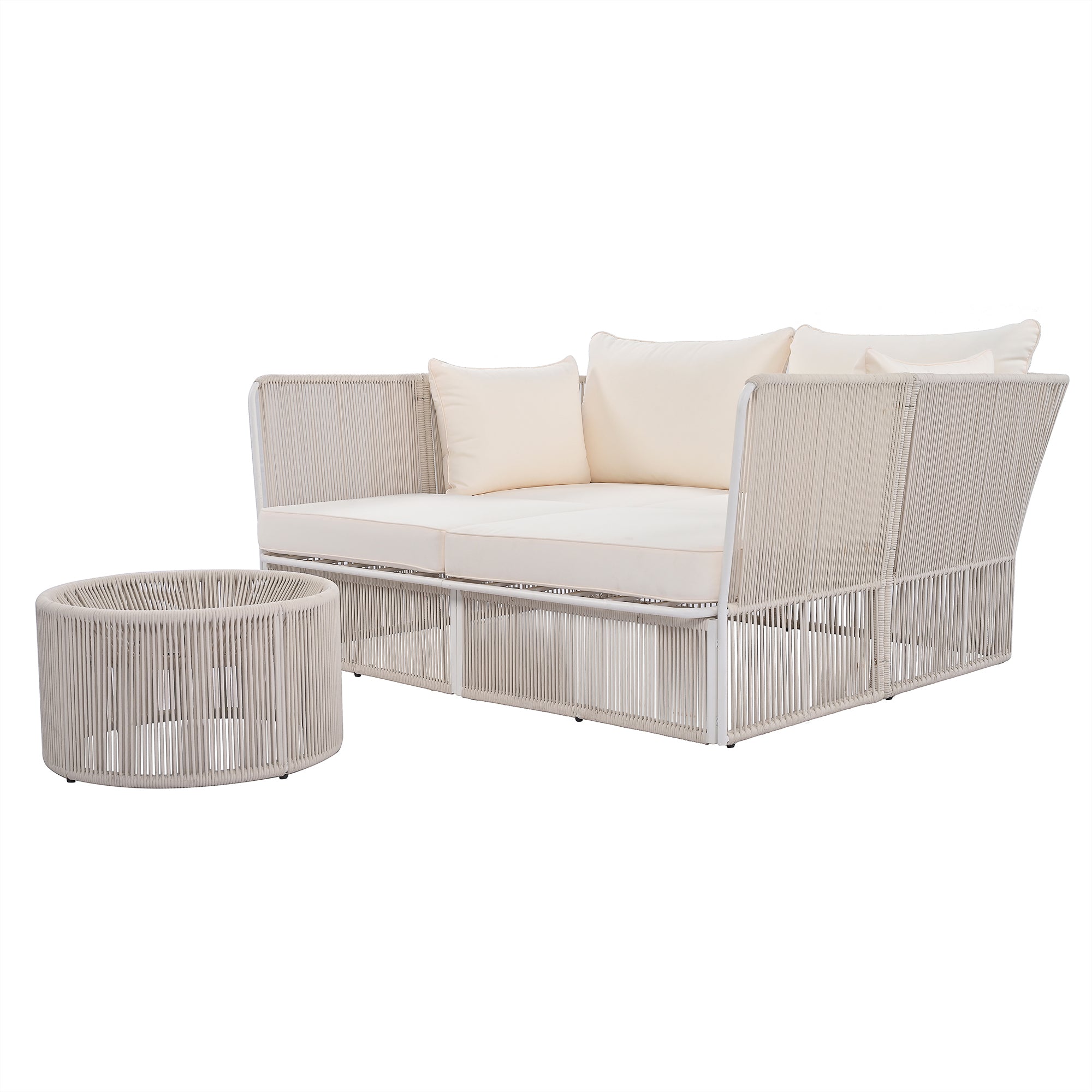 Woven Rope Metal Frame Outdoor Patio Double Chaise Lounger Loveseat Daybed with Coffee Table and Cushion