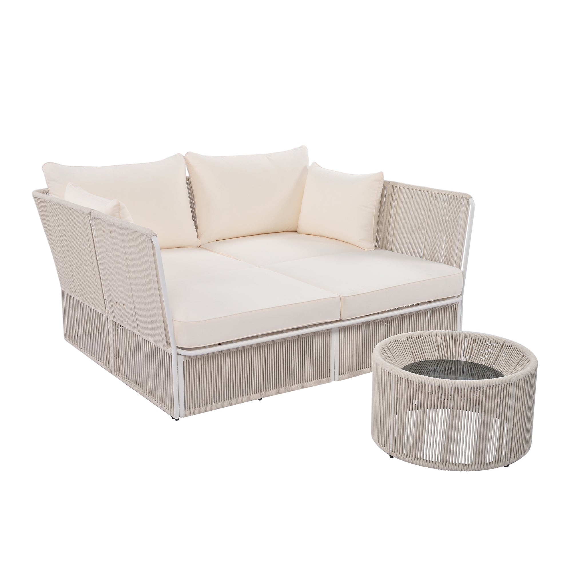 Woven Rope Metal Frame Outdoor Patio Double Chaise Lounger Loveseat Daybed with Coffee Table and Cushion