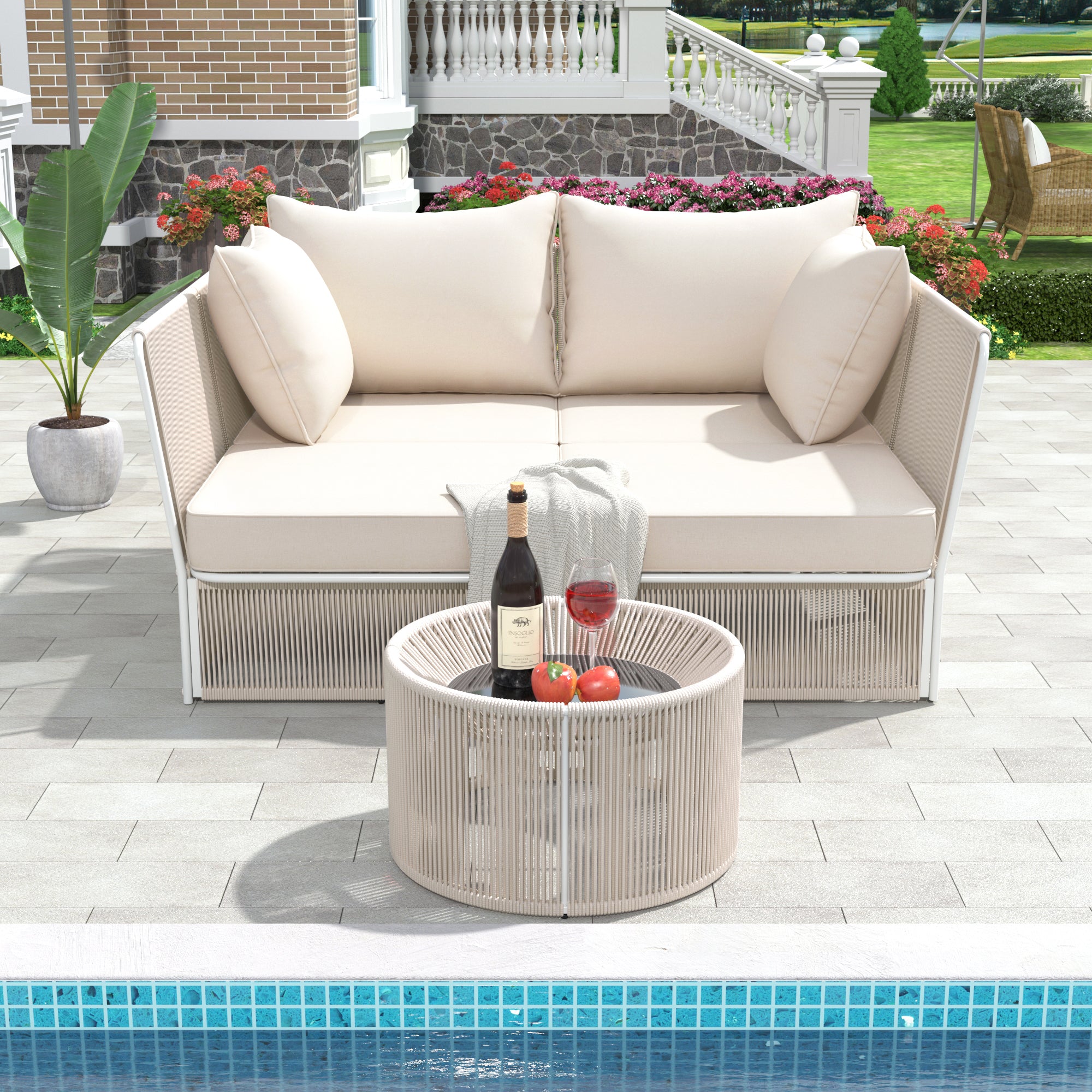 Woven Rope Metal Frame Outdoor Patio Double Chaise Lounger Loveseat Daybed with Coffee Table and Cushion