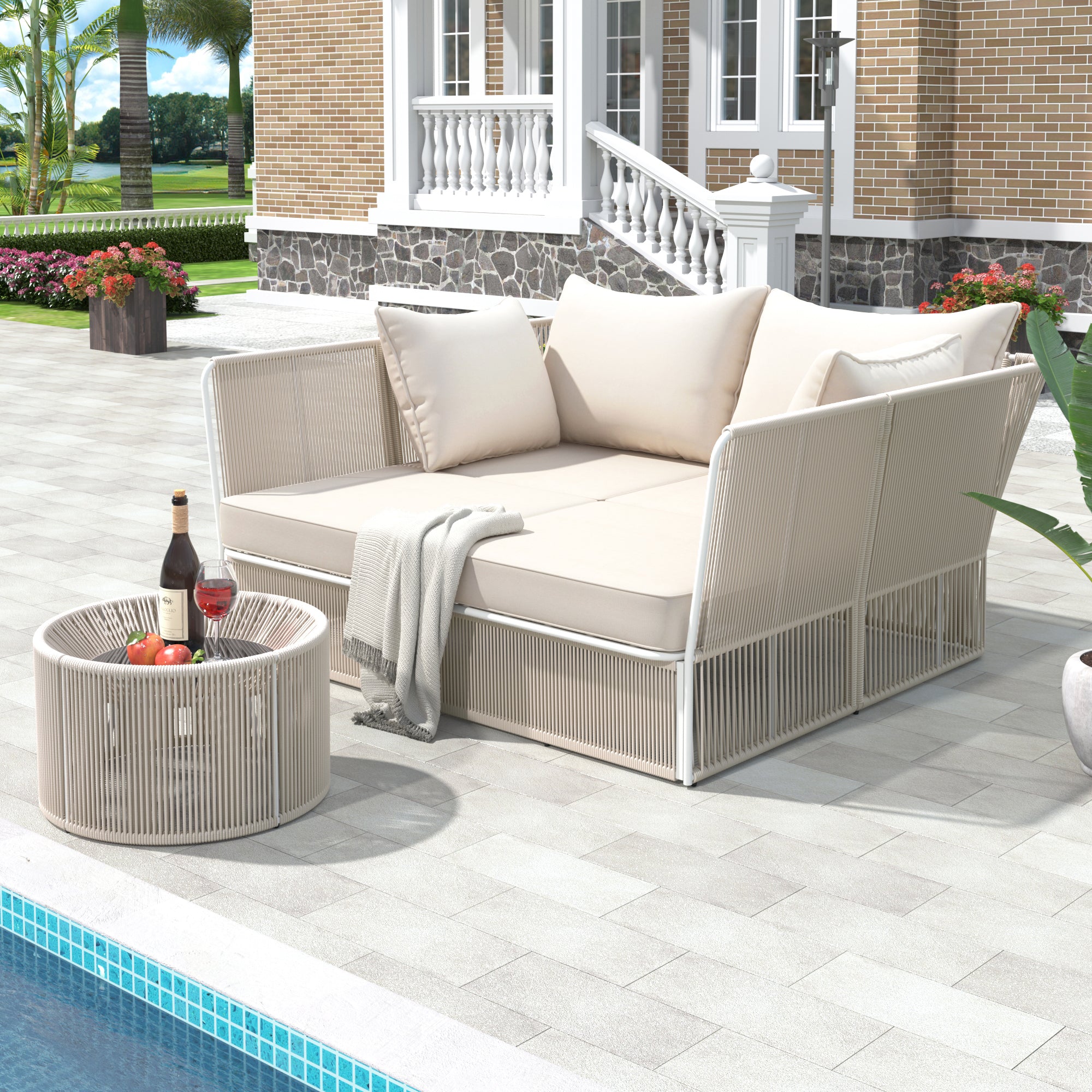 Woven Rope Metal Frame Outdoor Patio Double Chaise Lounger Loveseat Daybed with Coffee Table and Cushion