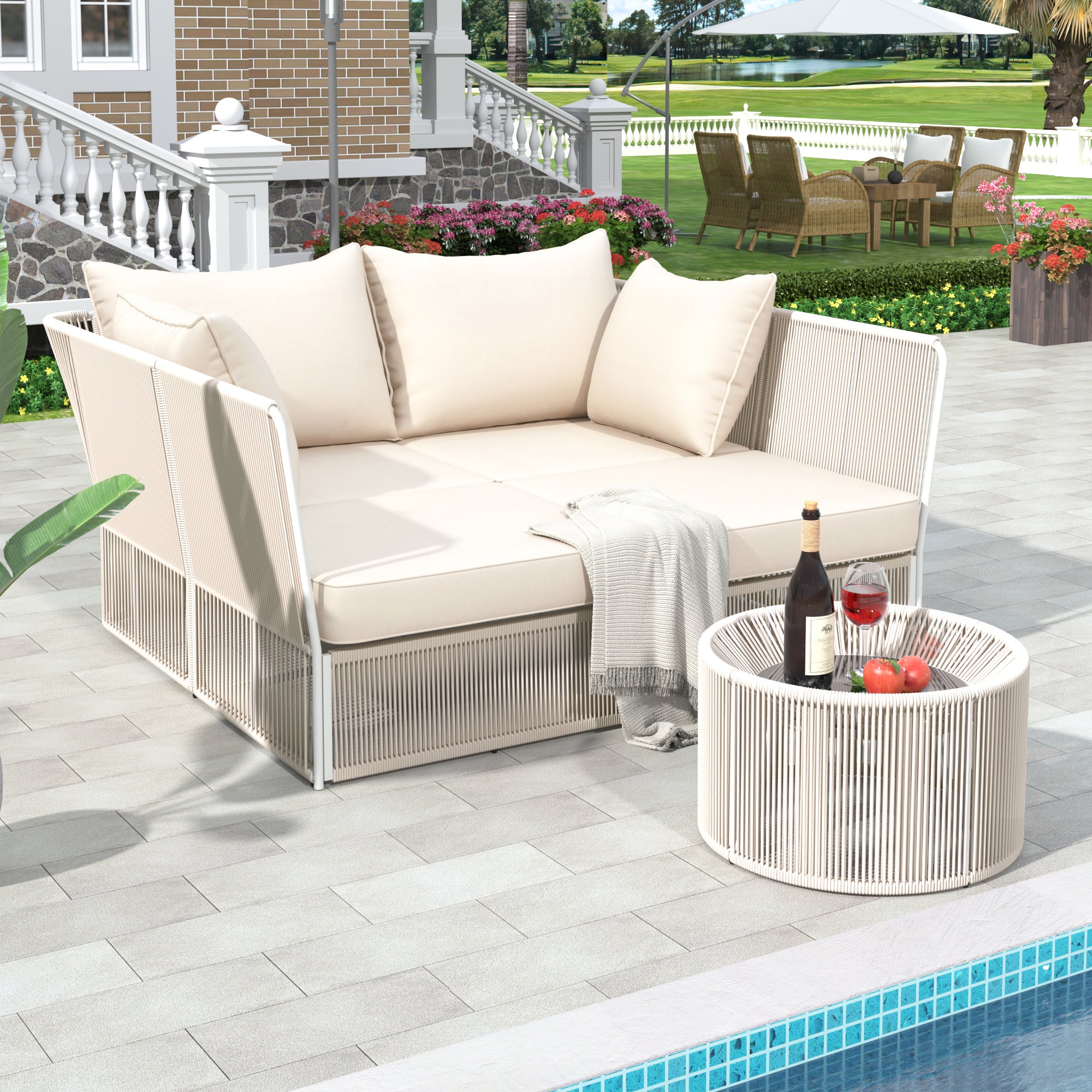 Woven Rope Metal Frame Outdoor Patio Double Chaise Lounger Loveseat Daybed with Coffee Table and Cushion