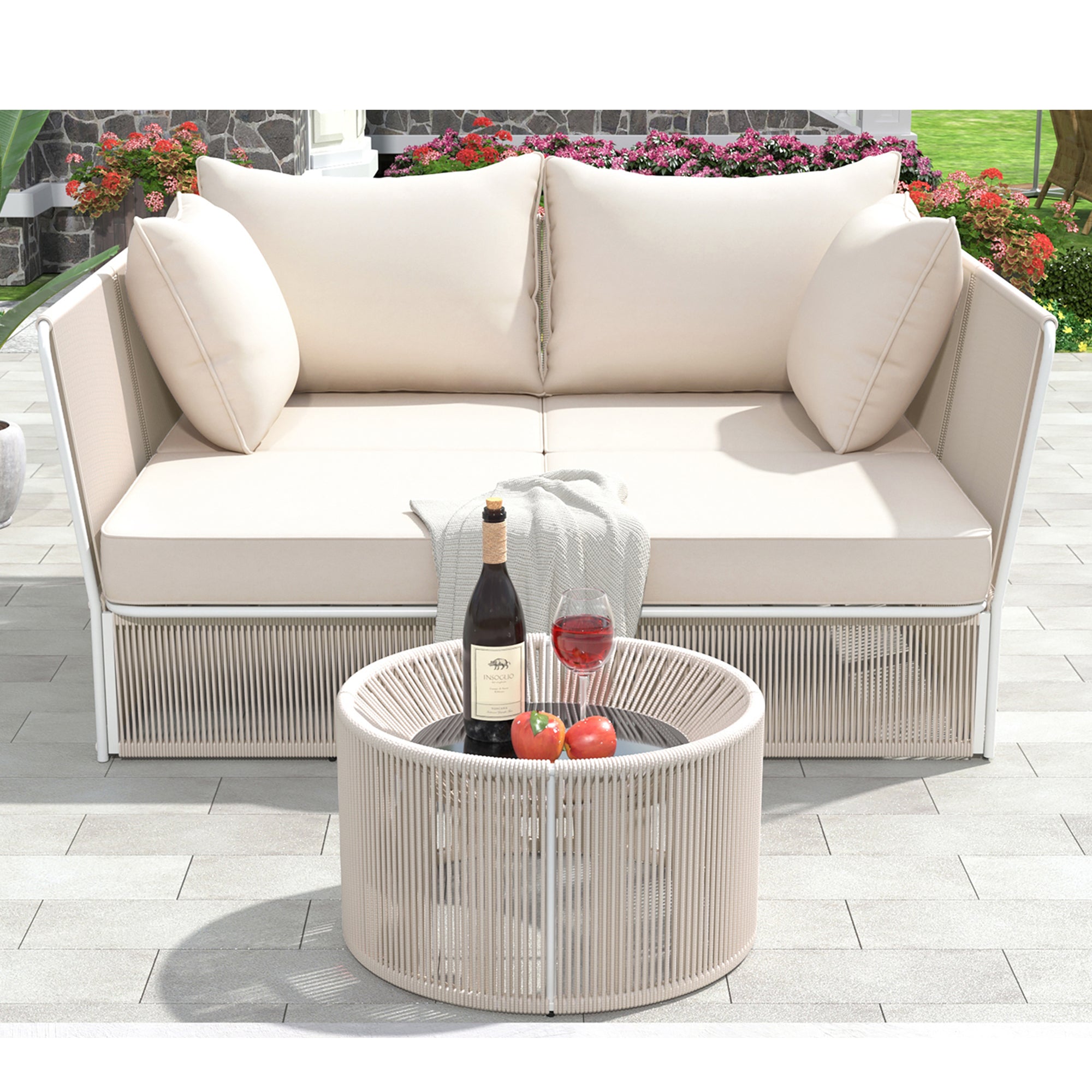 Woven Rope Metal Frame Outdoor Patio Double Chaise Lounger Loveseat Daybed with Coffee Table and Cushion