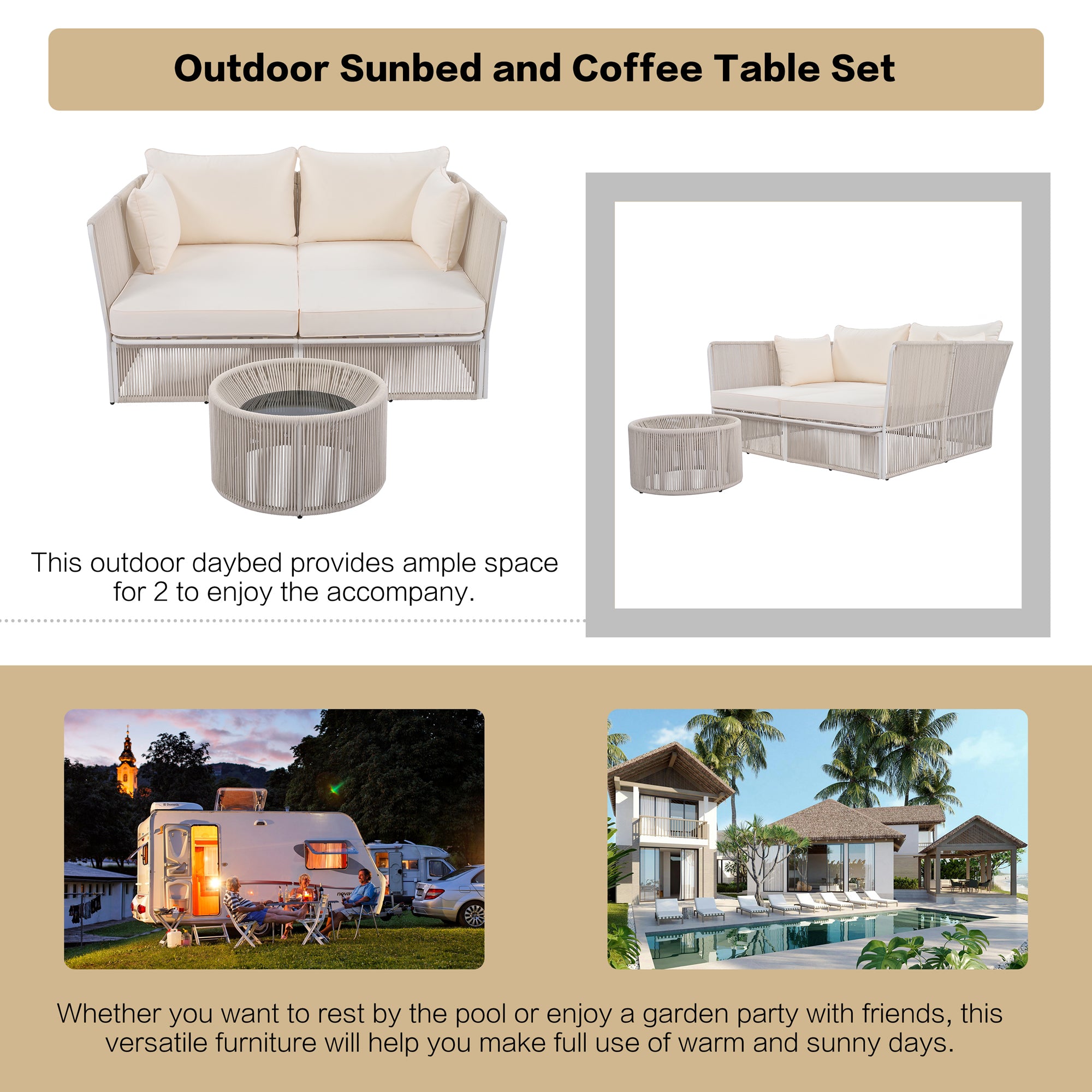 Woven Rope Metal Frame Outdoor Patio Double Chaise Lounger Loveseat Daybed with Coffee Table and Cushion