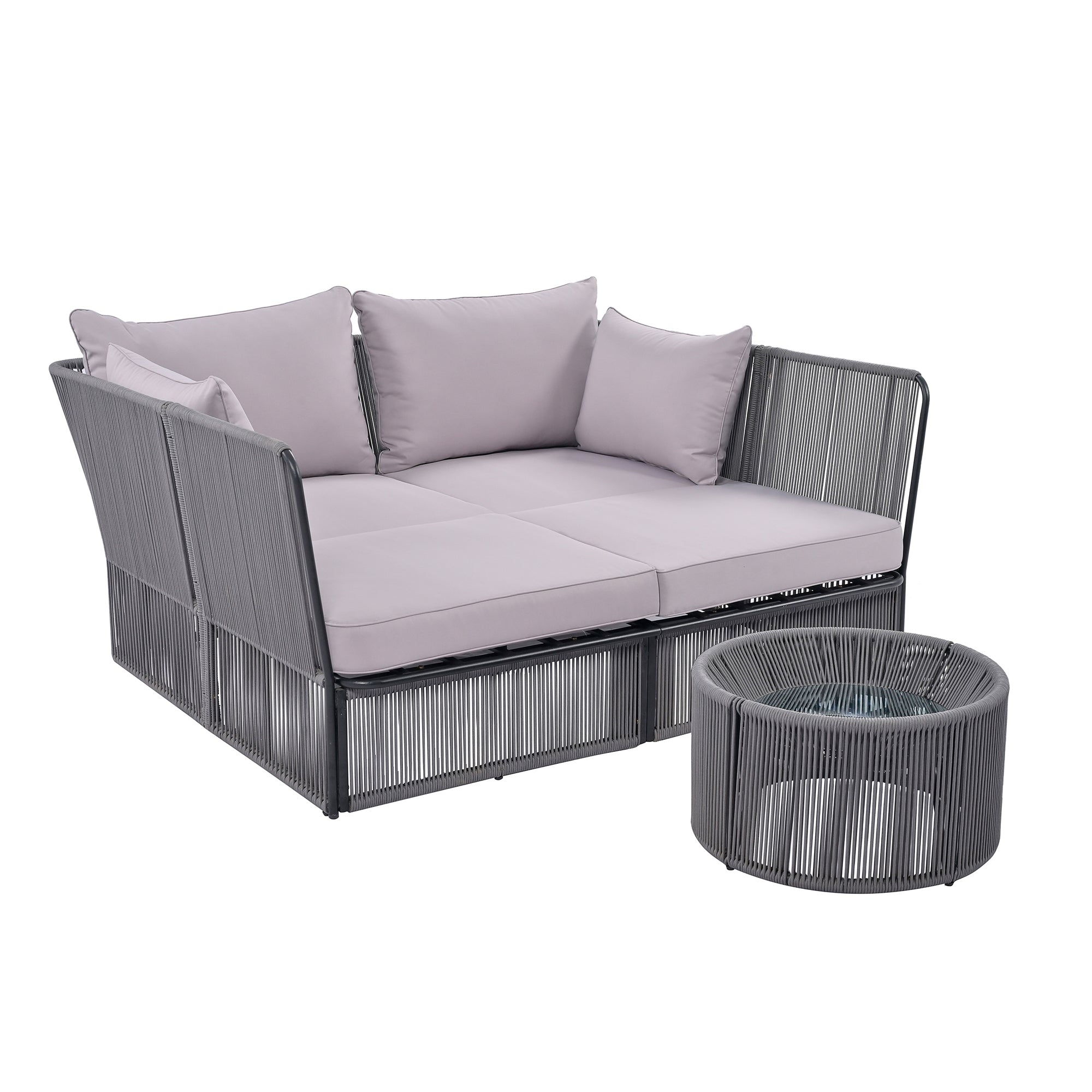 Woven Rope Metal Frame Outdoor Patio Double Chaise Lounger Loveseat Daybed with Coffee Table and Cushion