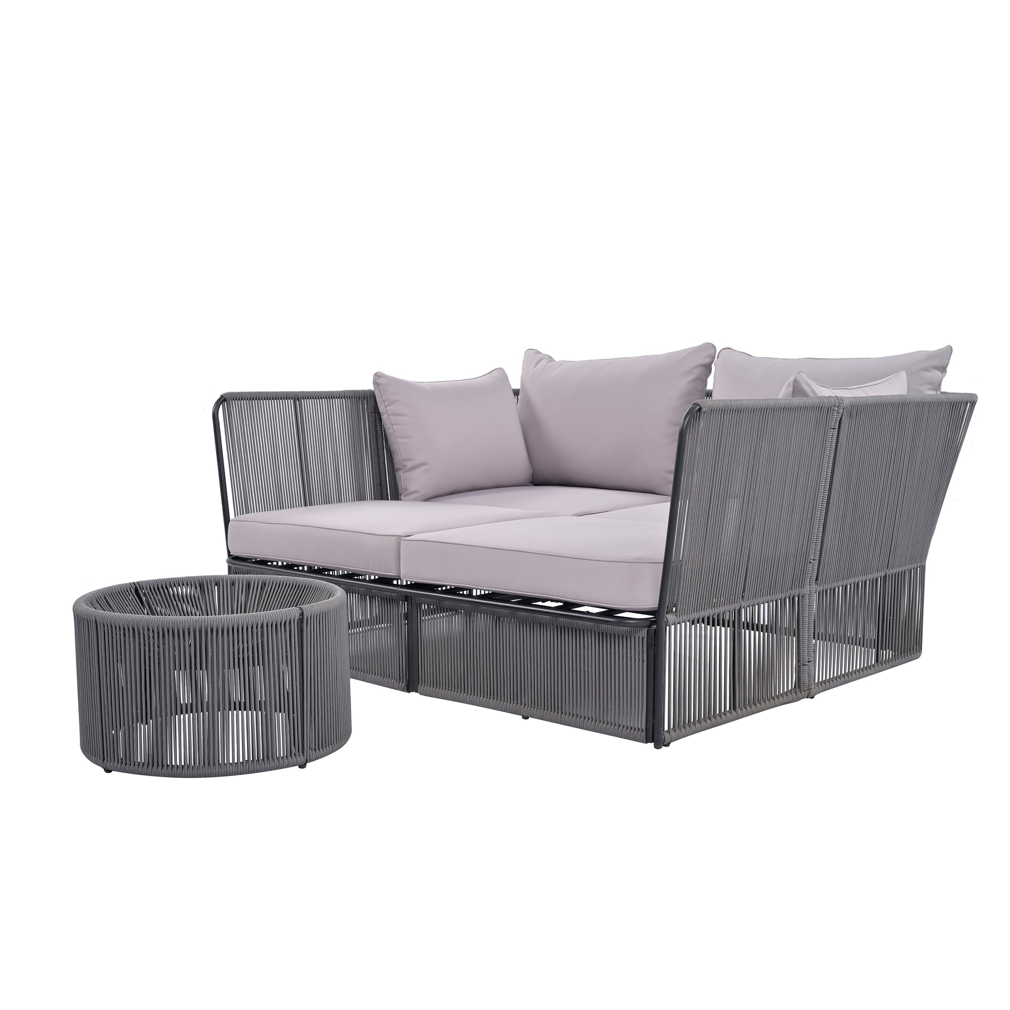 Woven Rope Metal Frame Outdoor Patio Double Chaise Lounger Loveseat Daybed with Coffee Table and Cushion