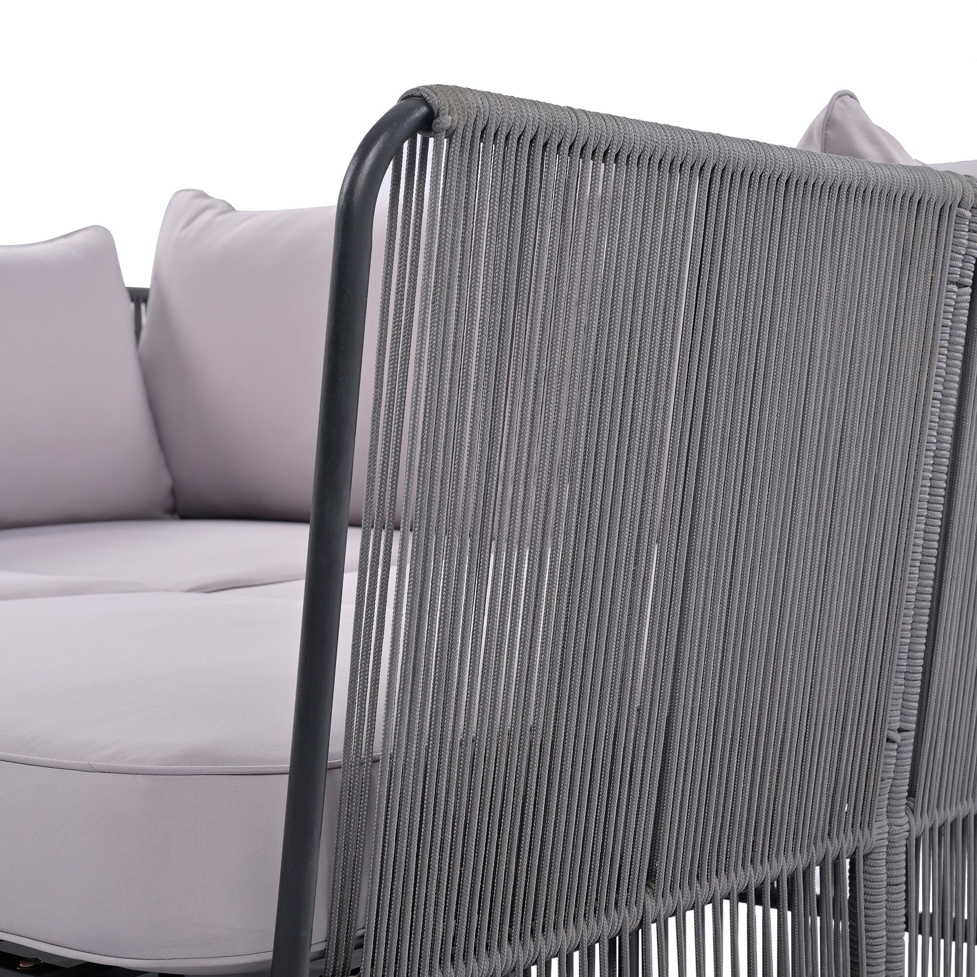 Woven Rope Metal Frame Outdoor Patio Double Chaise Lounger Loveseat Daybed with Coffee Table and Cushion