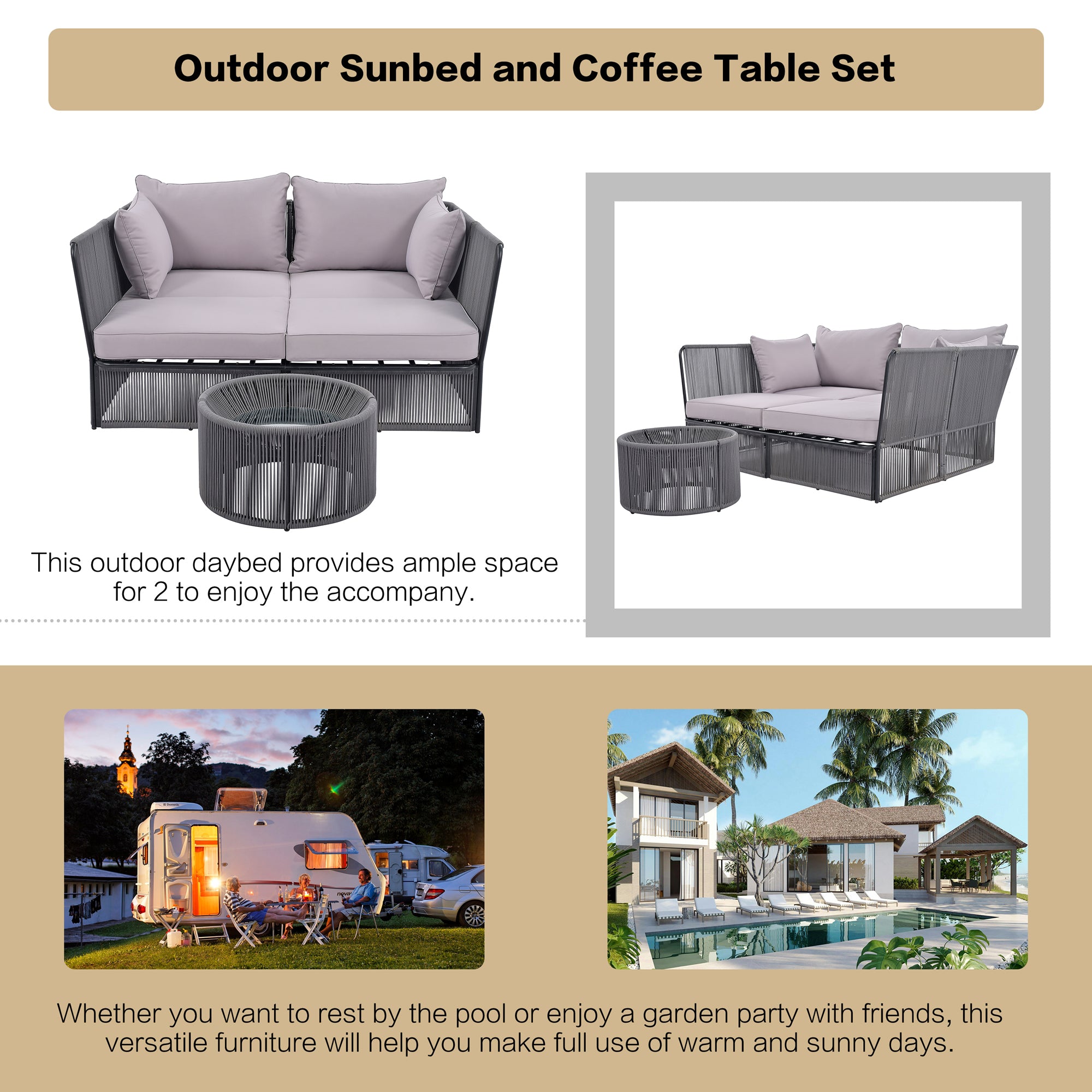 Woven Rope Metal Frame Outdoor Patio Double Chaise Lounger Loveseat Daybed with Coffee Table and Cushion