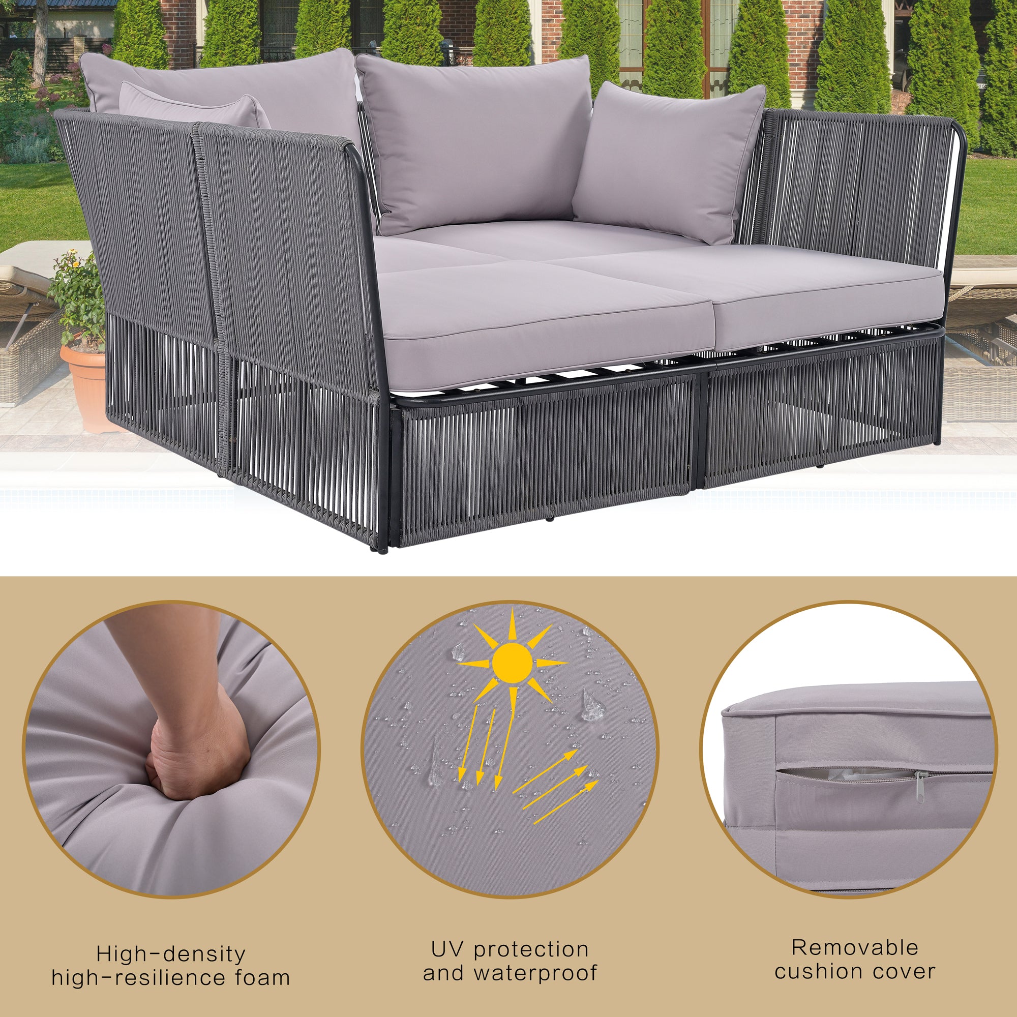 Woven Rope Metal Frame Outdoor Patio Double Chaise Lounger Loveseat Daybed with Coffee Table and Cushion