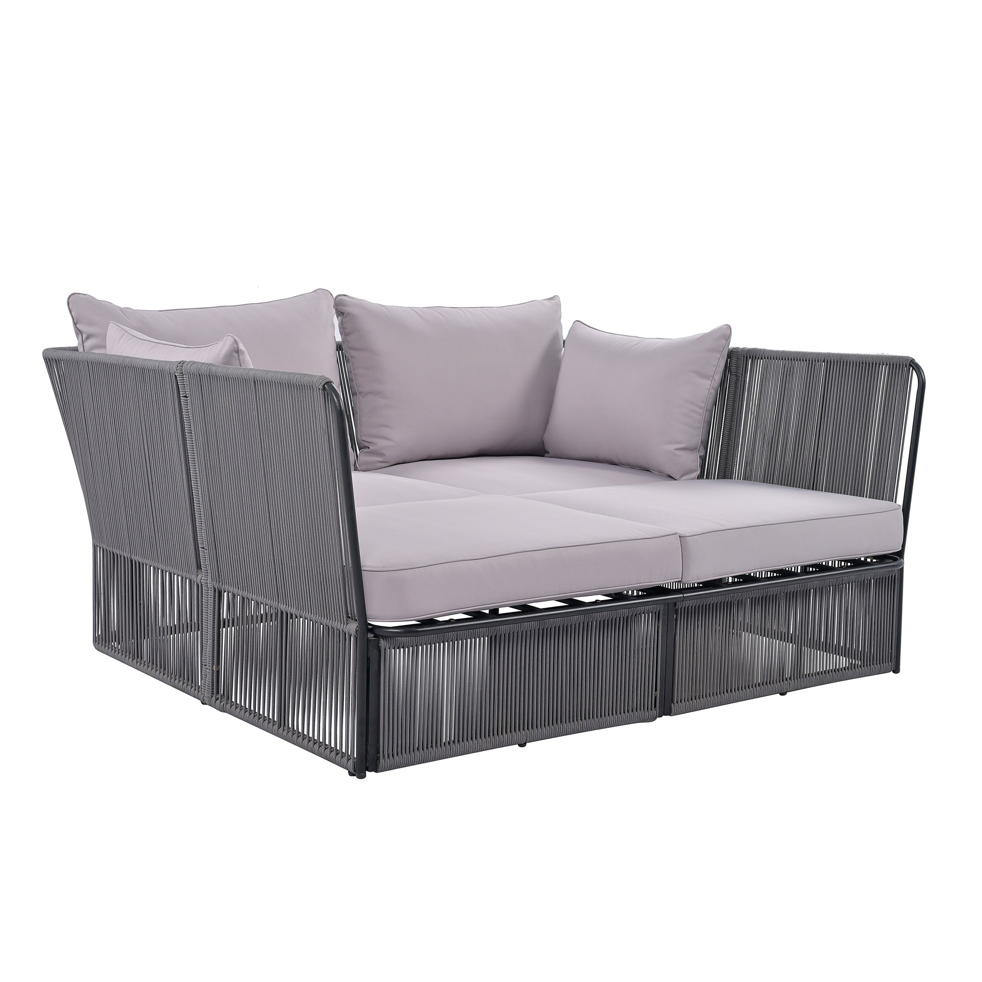 Woven Rope Metal Frame Outdoor Patio Double Chaise Lounger Loveseat Daybed with Coffee Table and Cushion