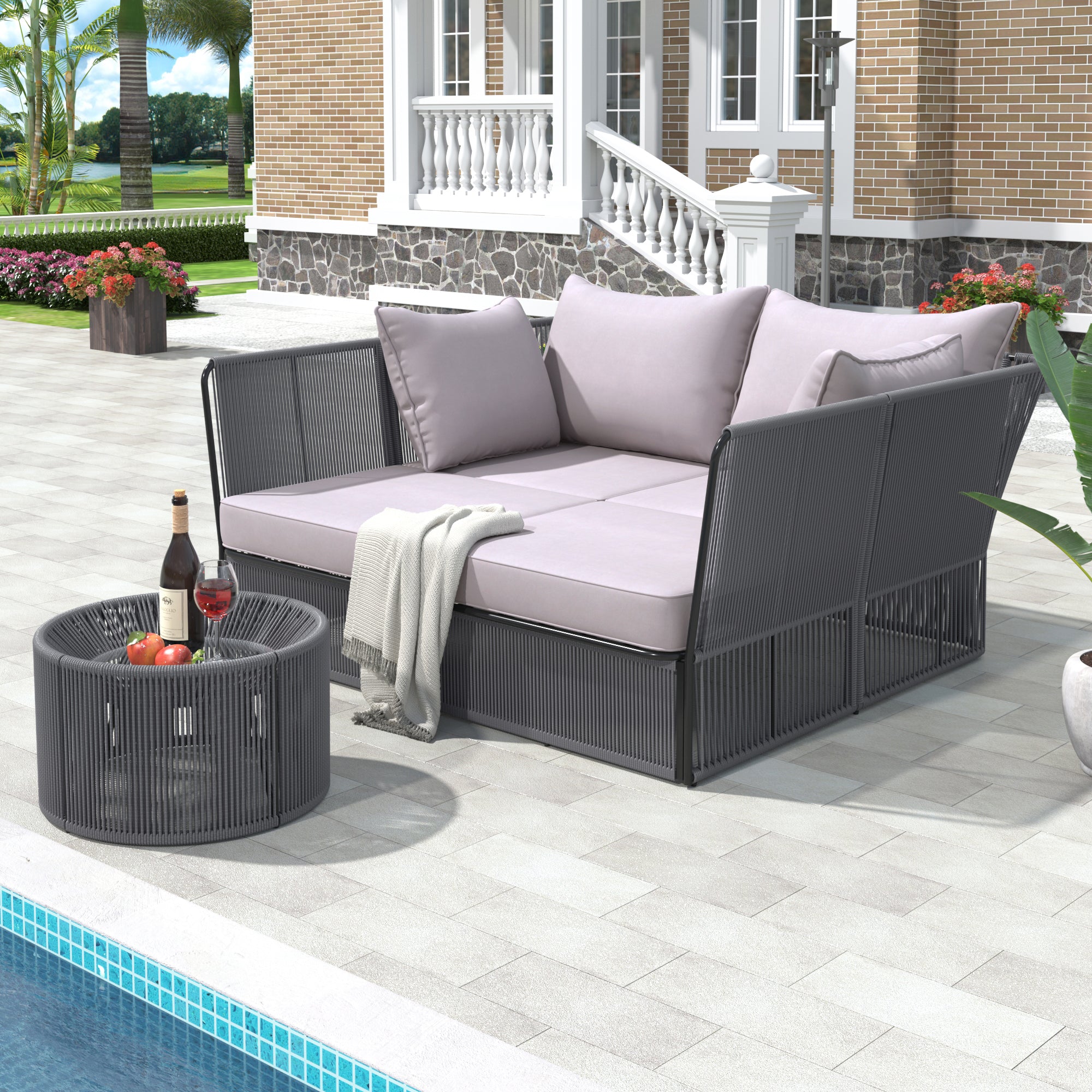 Woven Rope Metal Frame Outdoor Patio Double Chaise Lounger Loveseat Daybed with Coffee Table and Cushion