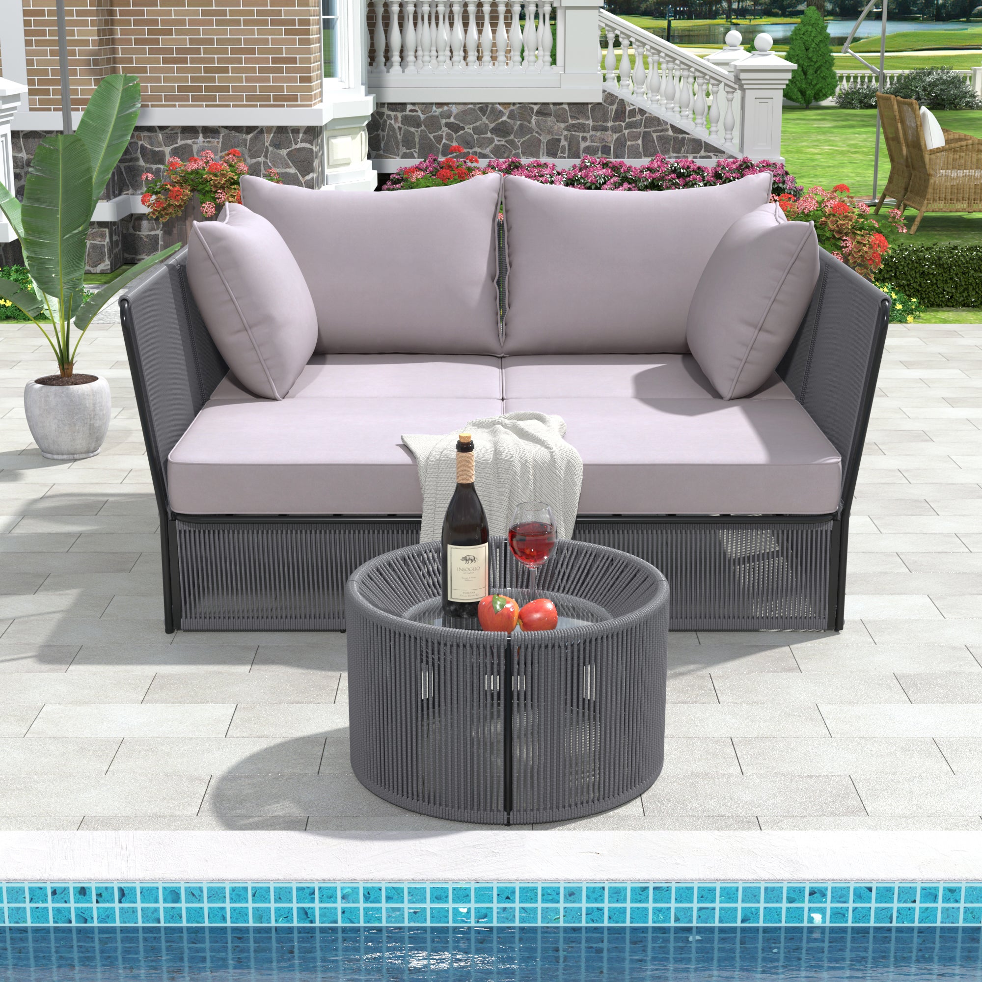 Woven Rope Metal Frame Outdoor Patio Double Chaise Lounger Loveseat Daybed with Coffee Table and Cushion