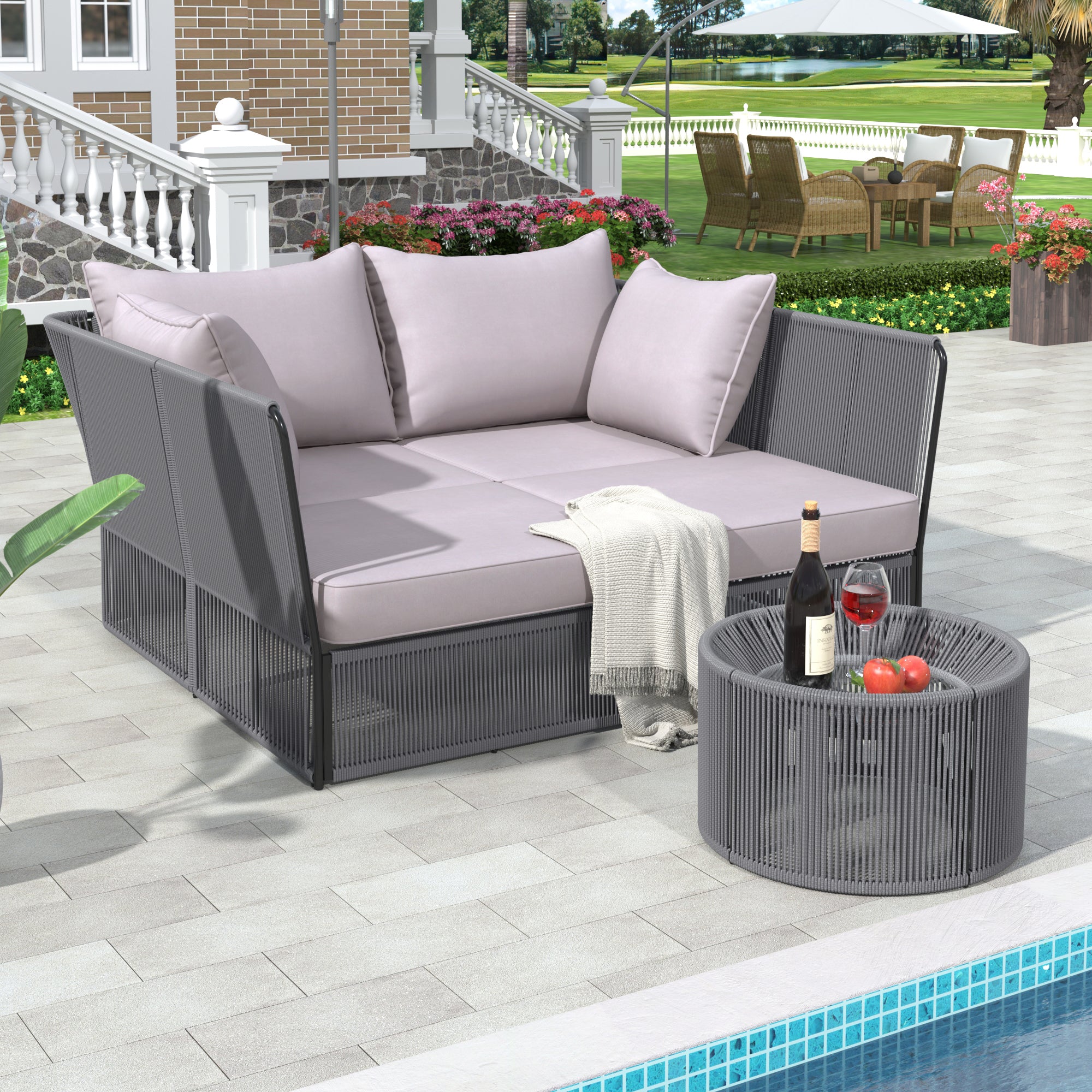 Woven Rope Metal Frame Outdoor Patio Double Chaise Lounger Loveseat Daybed with Coffee Table and Cushion