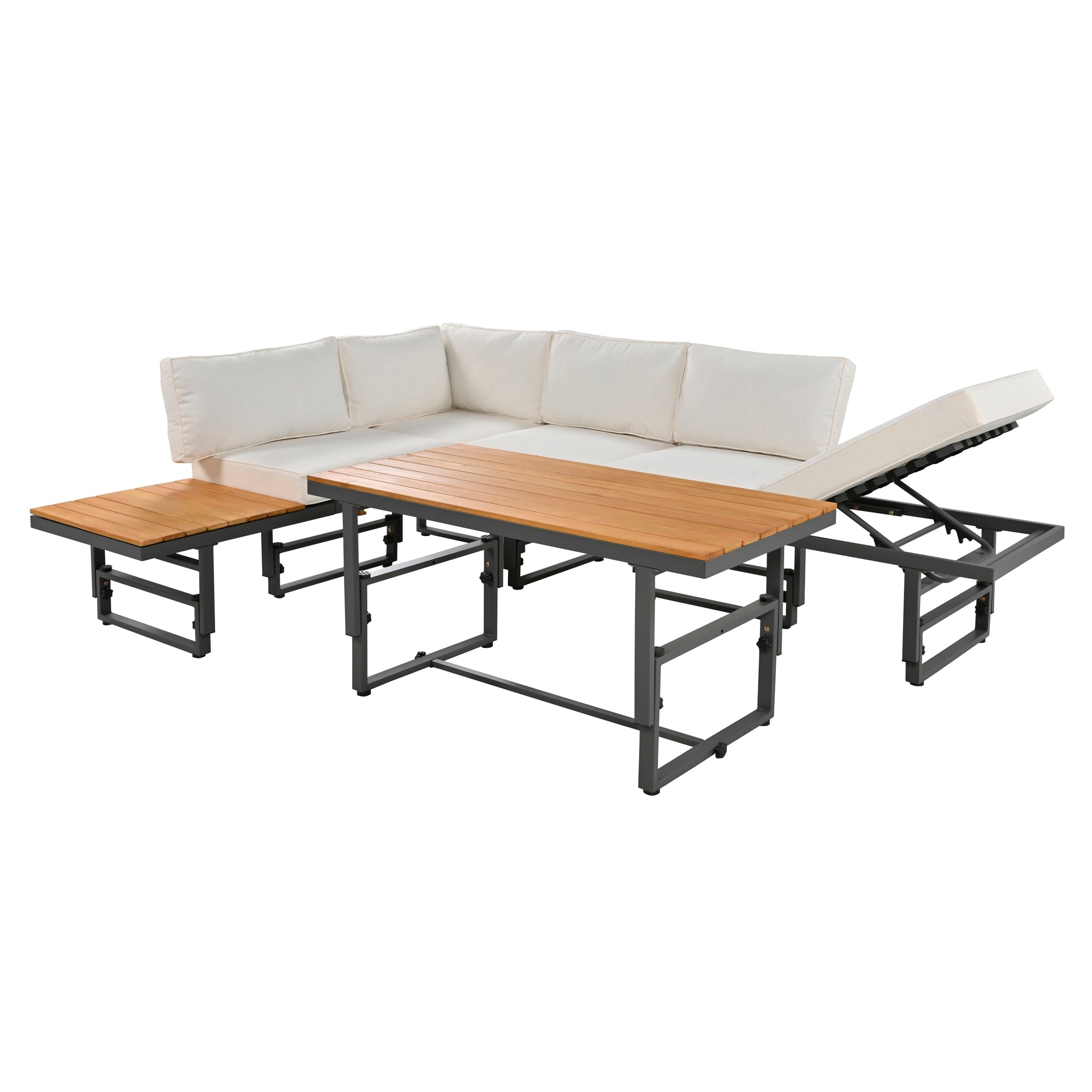 3-Piece Metal Outdoor patio Sectional Sofa Set with Height-adjustable Seating and Coffee Table with Cushion