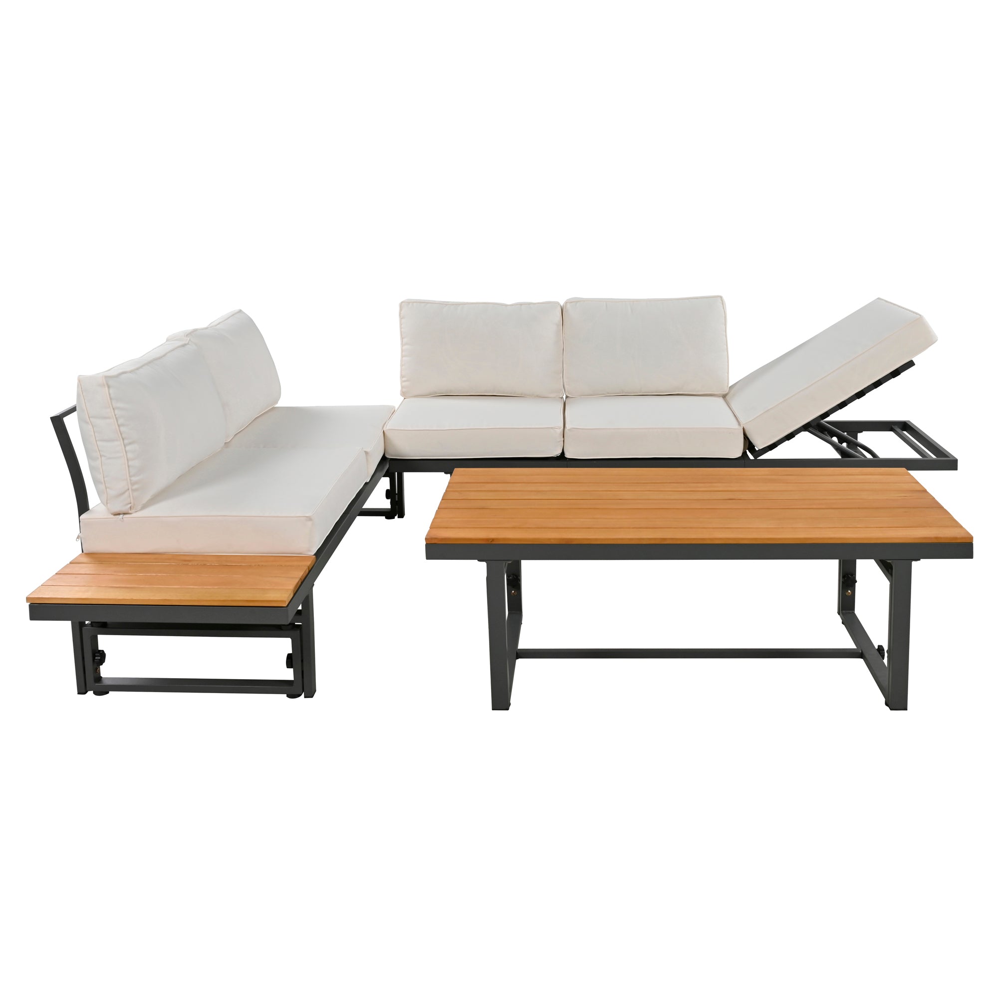 3-Piece Metal Outdoor patio Sectional Sofa Set with Height-adjustable Seating and Coffee Table with Cushion