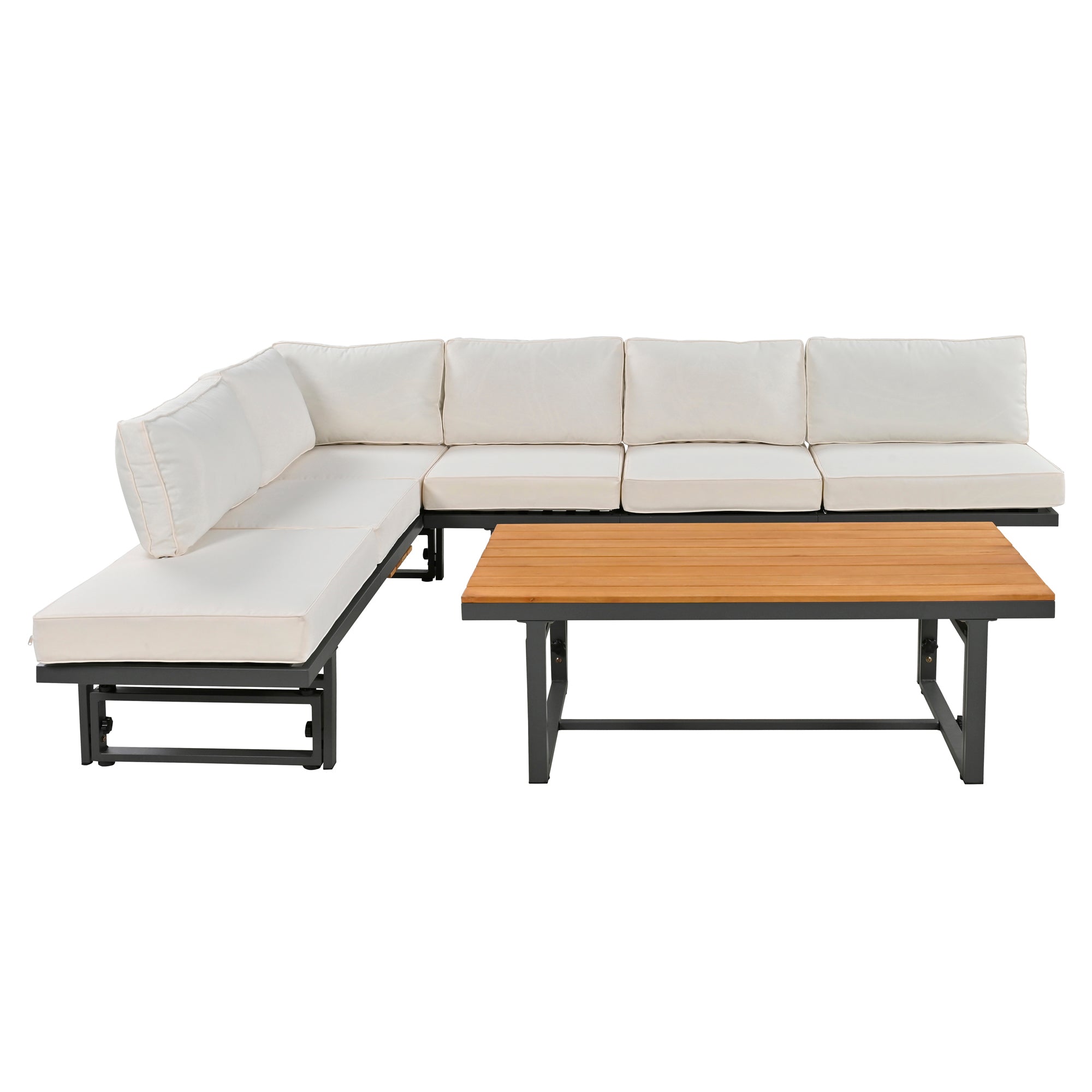 3-Piece Metal Outdoor patio Sectional Sofa Set with Height-adjustable Seating and Coffee Table with Cushion