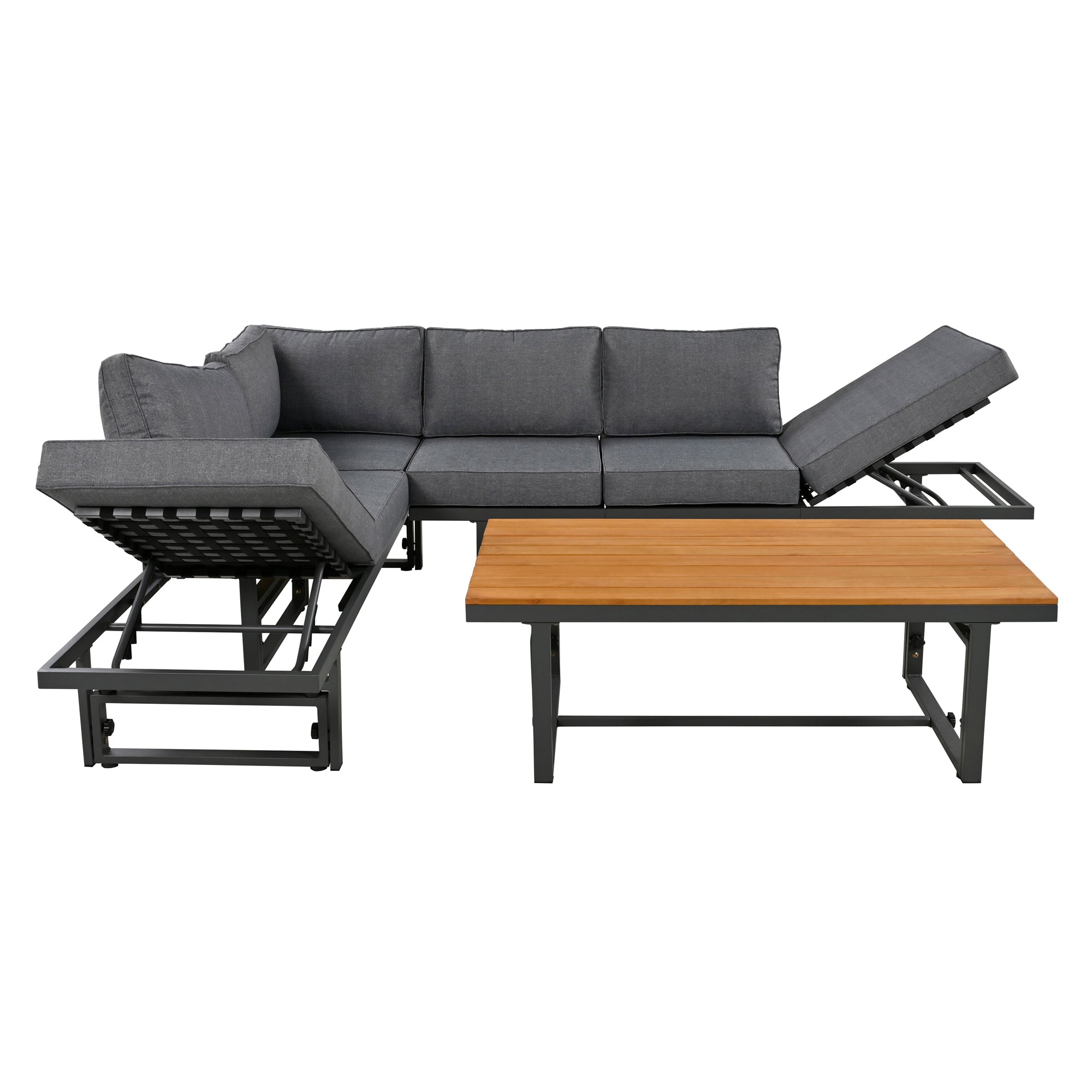 3-Piece Metal Outdoor patio Sectional Sofa Set with Height-adjustable Seating and Coffee Table with Cushion