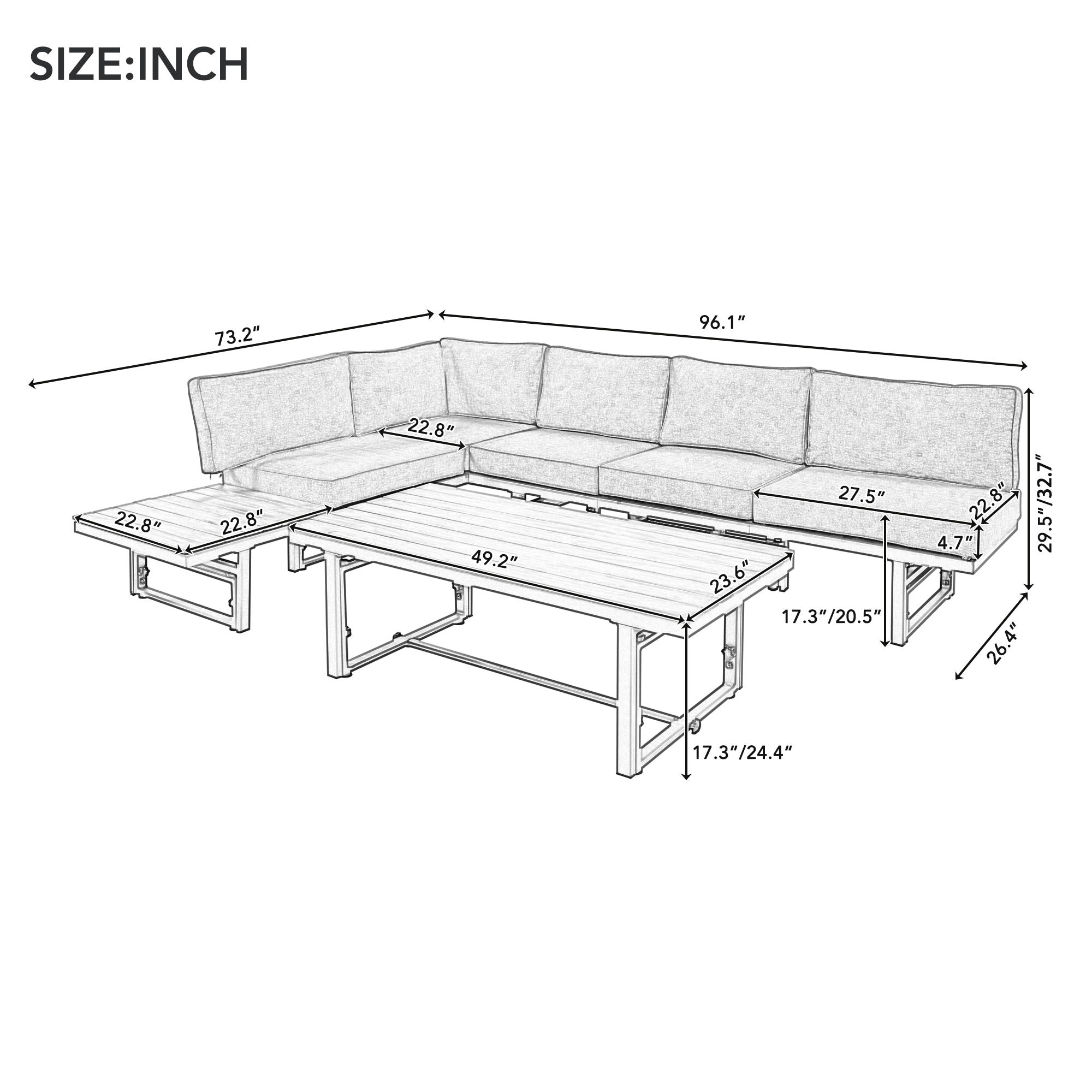 3-Piece Metal Outdoor patio Sectional Sofa Set with Height-adjustable Seating and Coffee Table with Cushion
