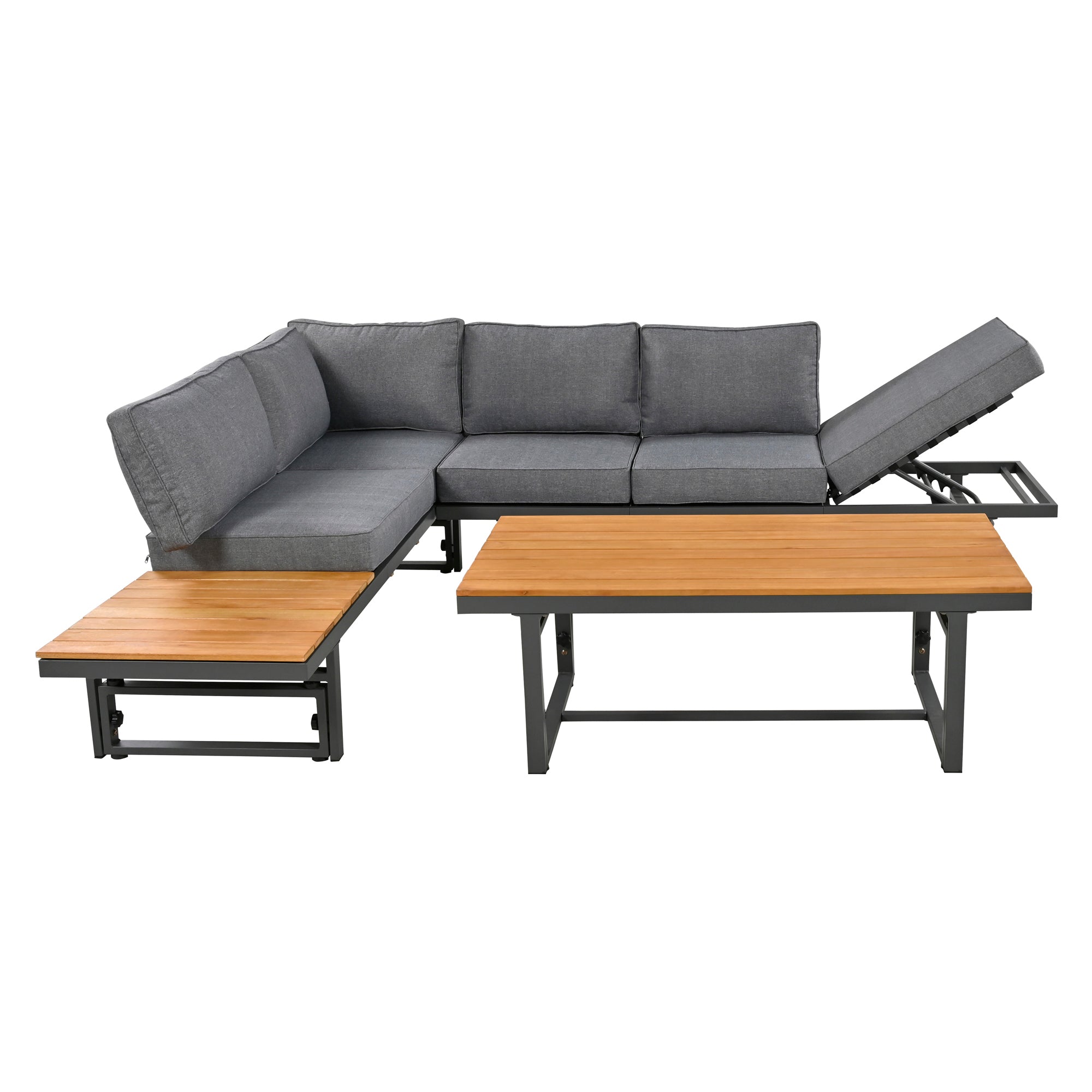 3-Piece Metal Outdoor patio Sectional Sofa Set with Height-adjustable Seating and Coffee Table with Cushion