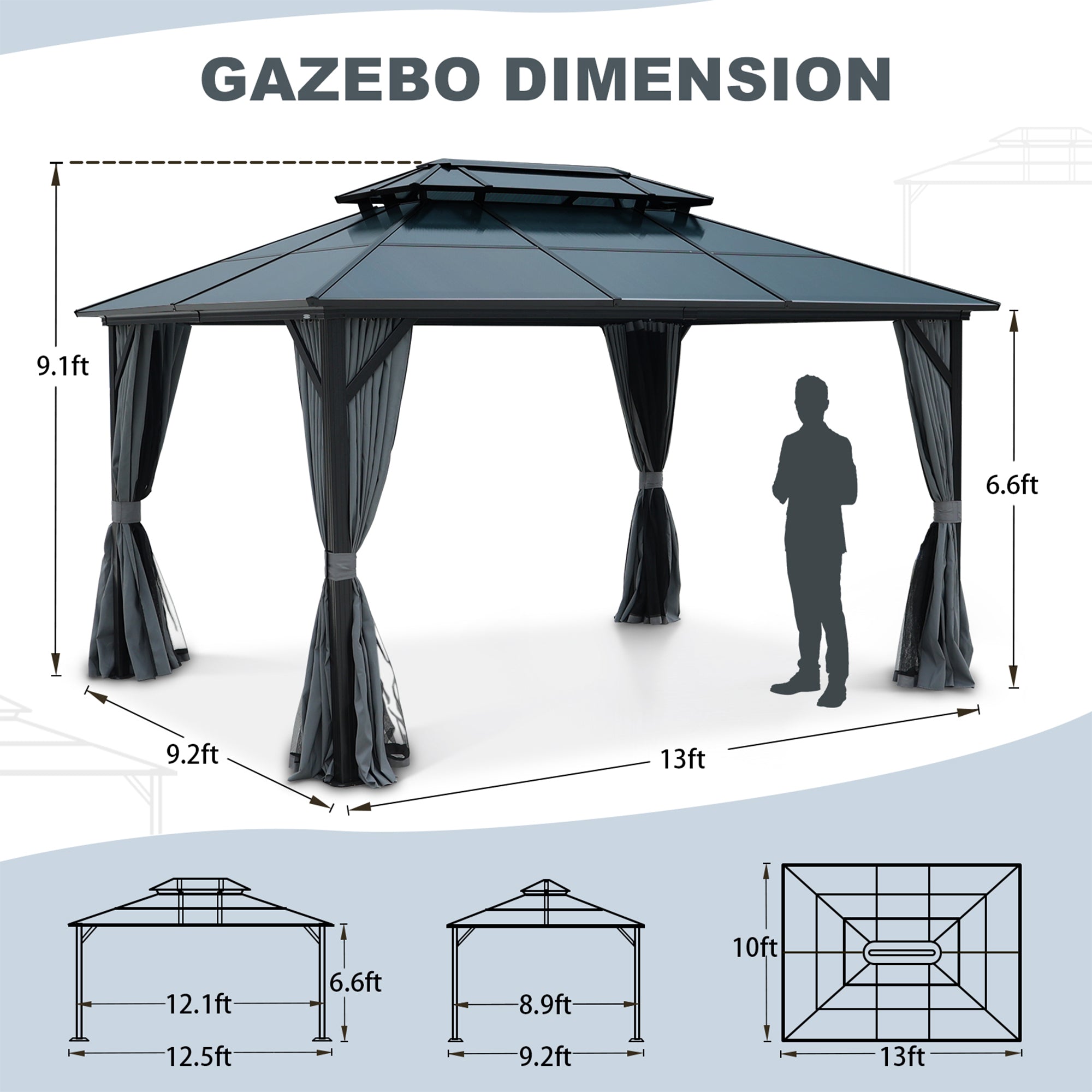 10 ft. x 13 ft. Aluminum Alloy Outdoor Patio Gazebo with Netting and Curtains