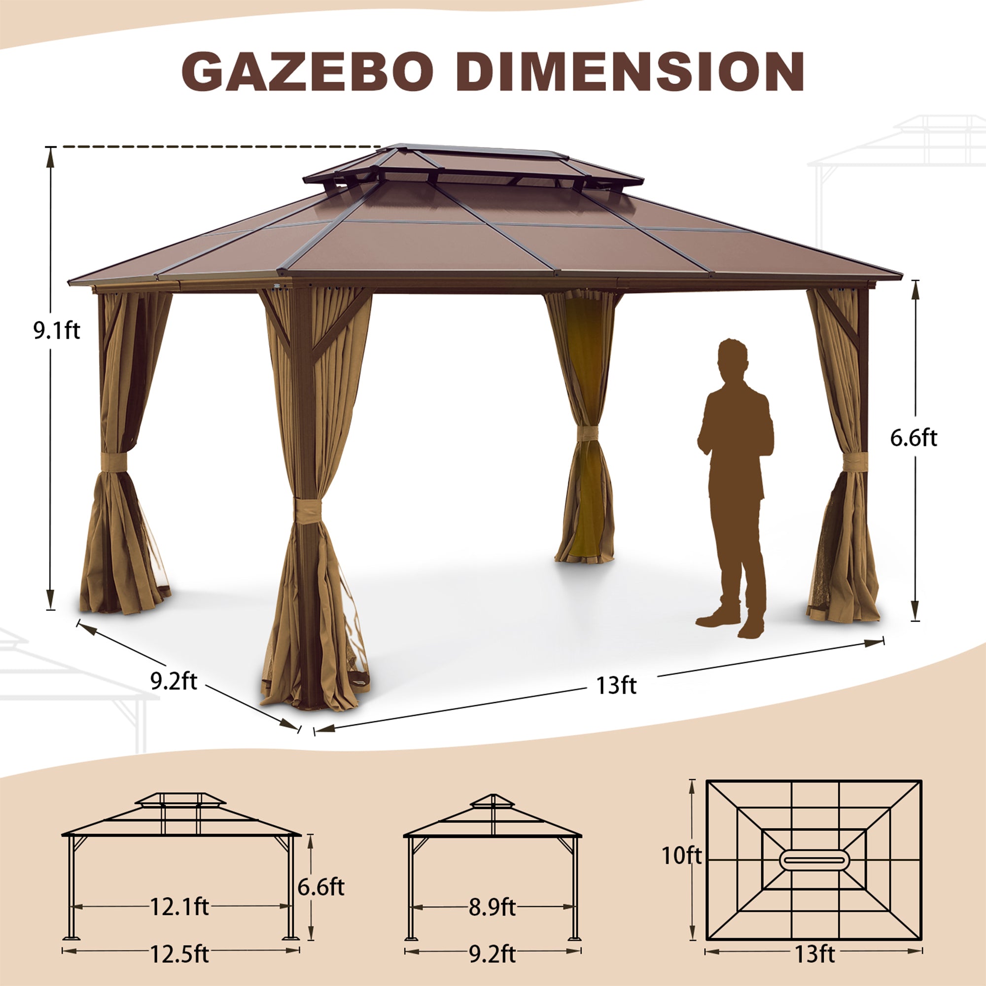 10 ft. x 13 ft. Aluminum Alloy Outdoor Patio Gazebo with Netting and Curtains