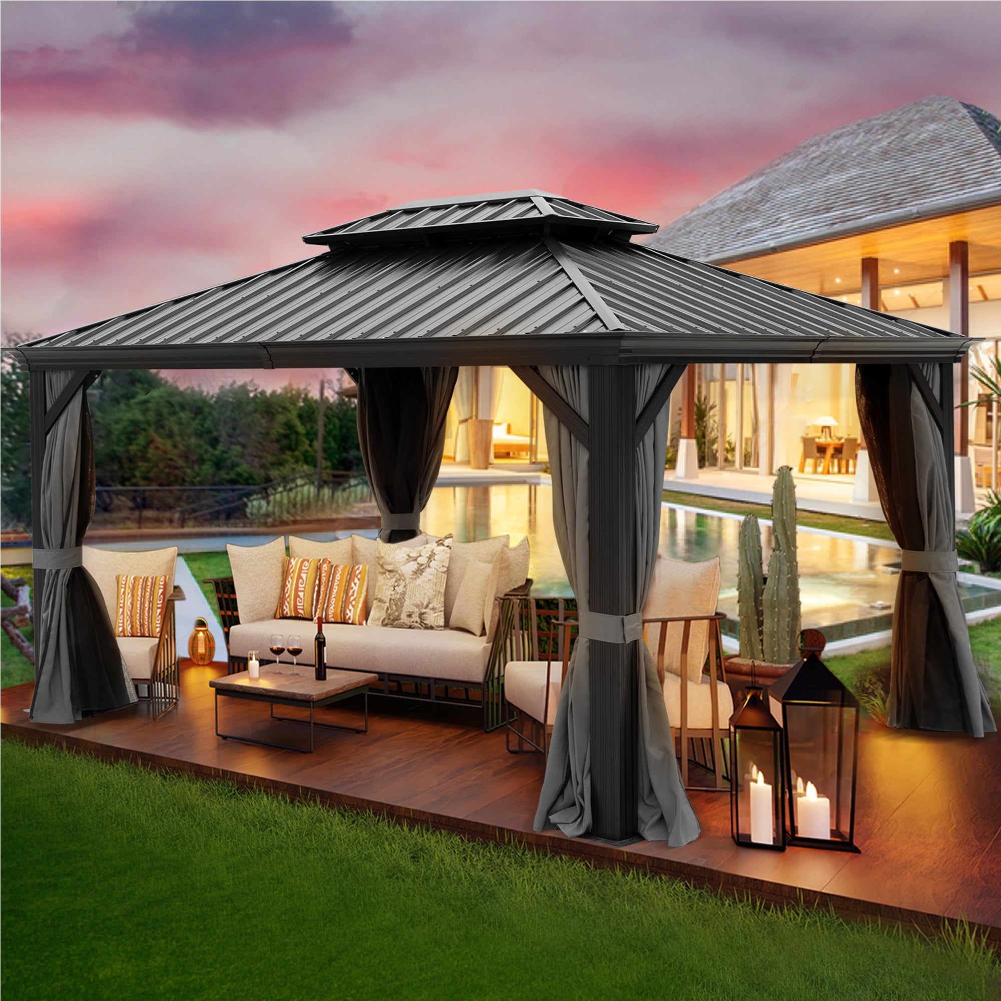 10 ft. x 12 ft. Aluminum Alloy Outdoor Patio Hardtop Gazebo with Netting and Curtain