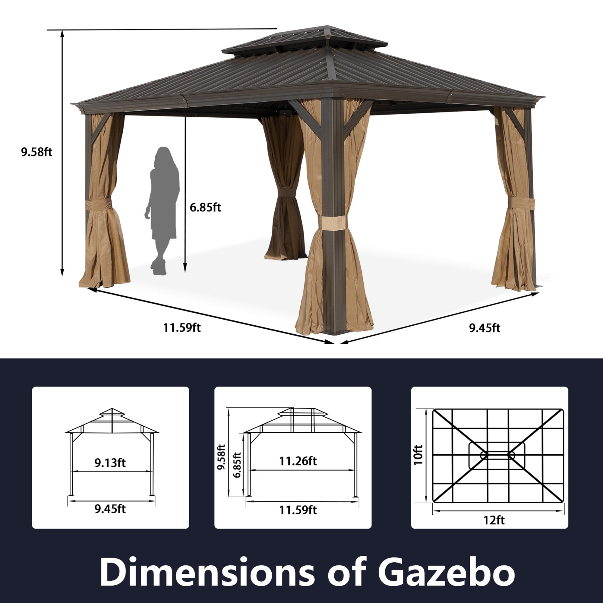 10 ft. x 12 ft. Aluminum Alloy Outdoor Patio Hardtop Gazebo with Netting and Curtain