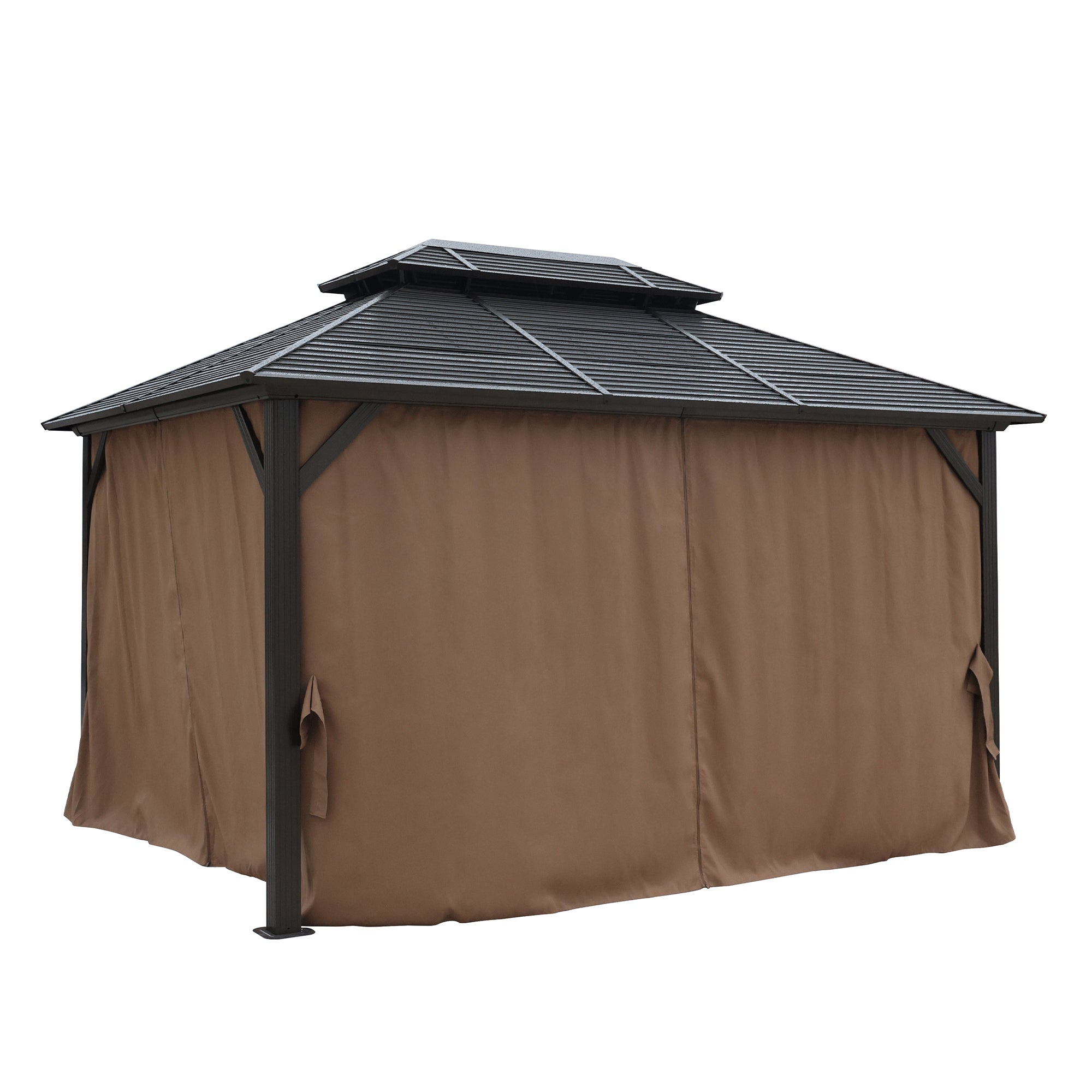 10' x 13' Aluminum Alloy Brown Gazebo with Corrugated Roof with Netting and Curtains