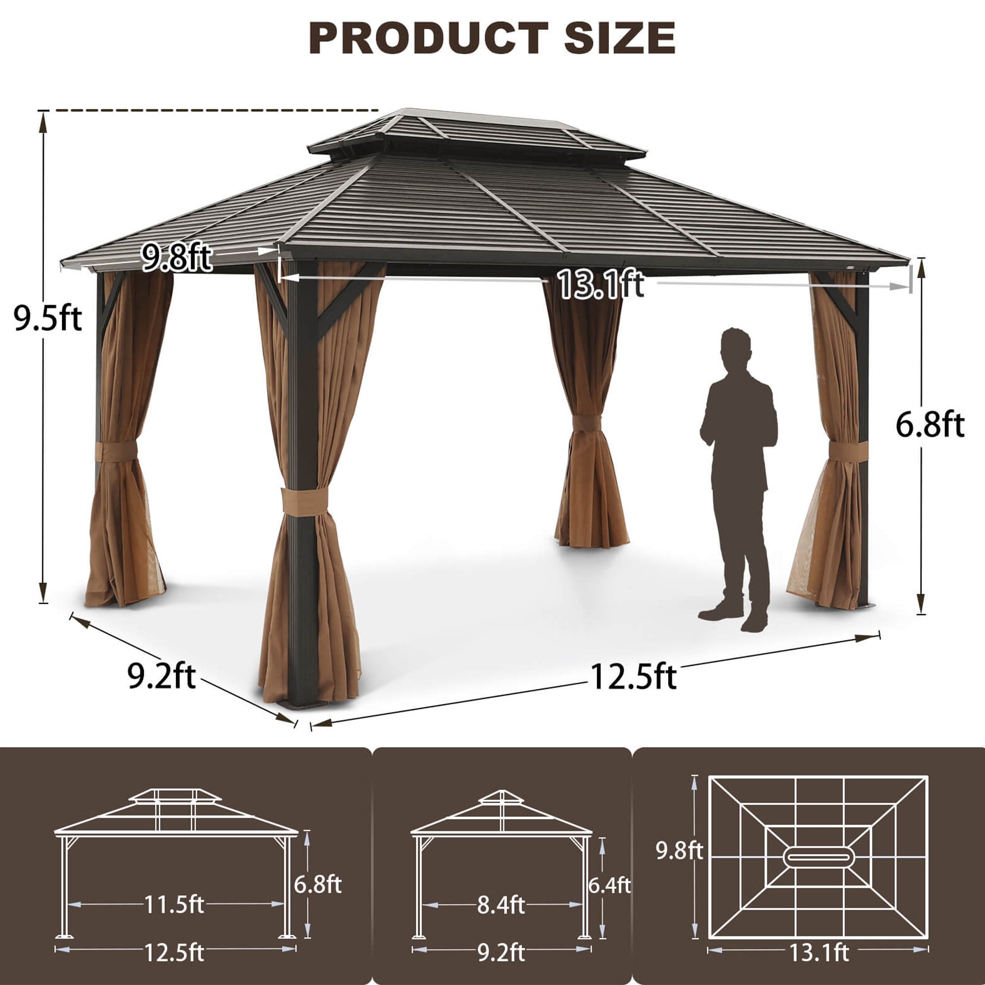 10' x 13' Aluminum Alloy Brown Gazebo with Corrugated Roof with Netting and Curtains