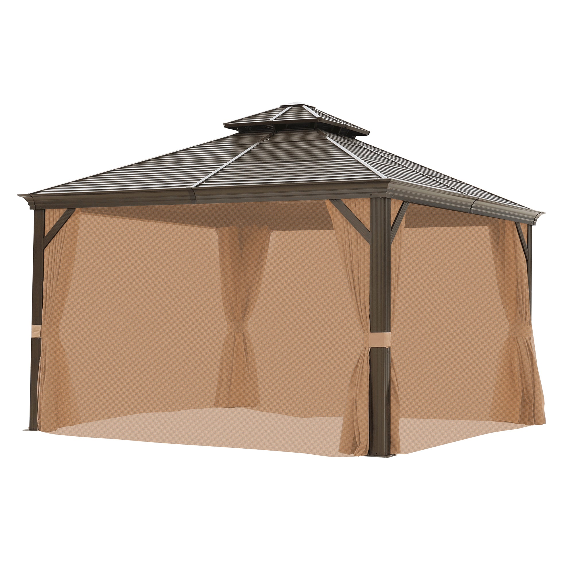 12' x 12' Aluminum Alloy Brown Gazebo with Corrugated Roof with Netting and Curtains